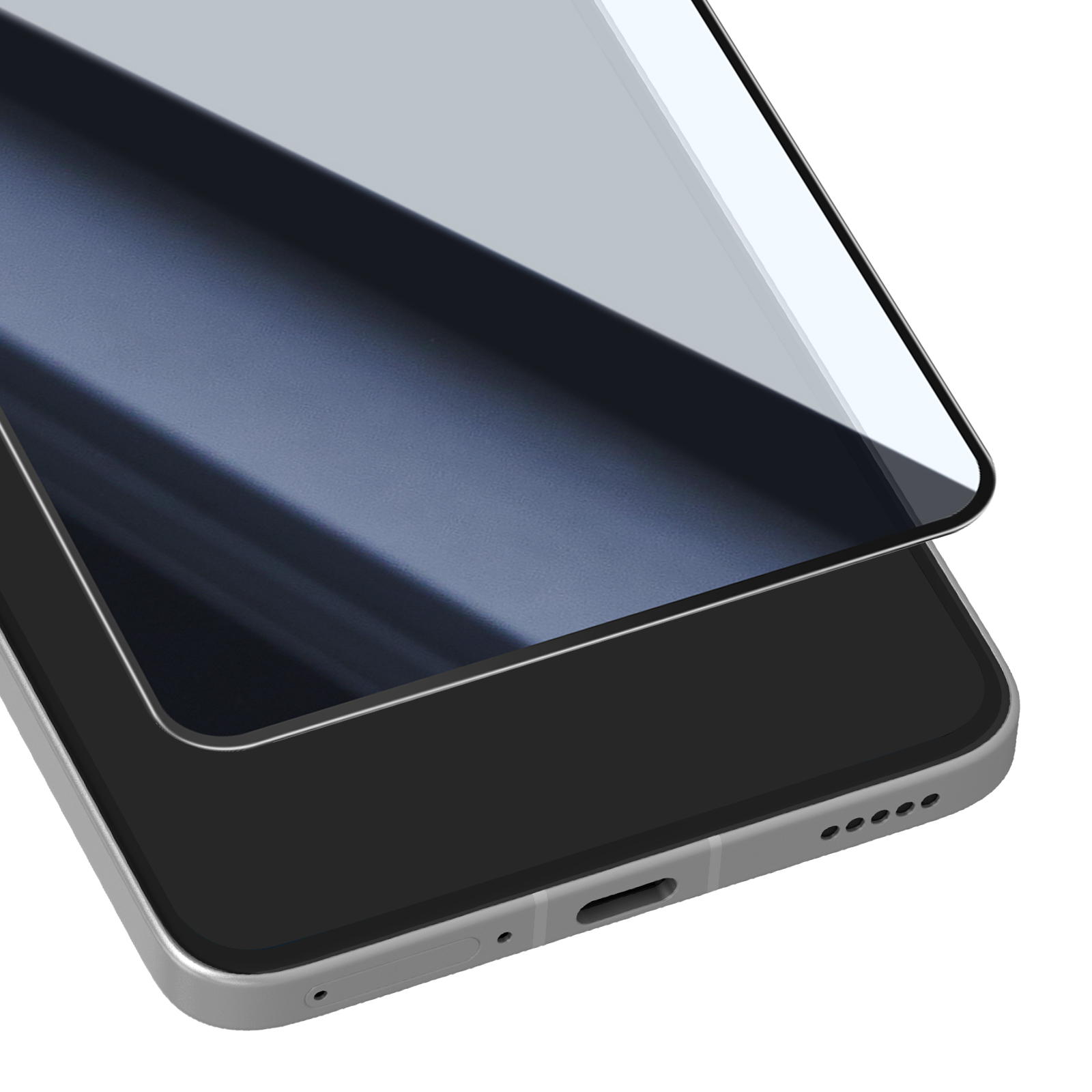 Uno smartphone con una protezione per lo schermo applicata. Il telefono è nero, con cornice argentata. La protezione è trasparente.