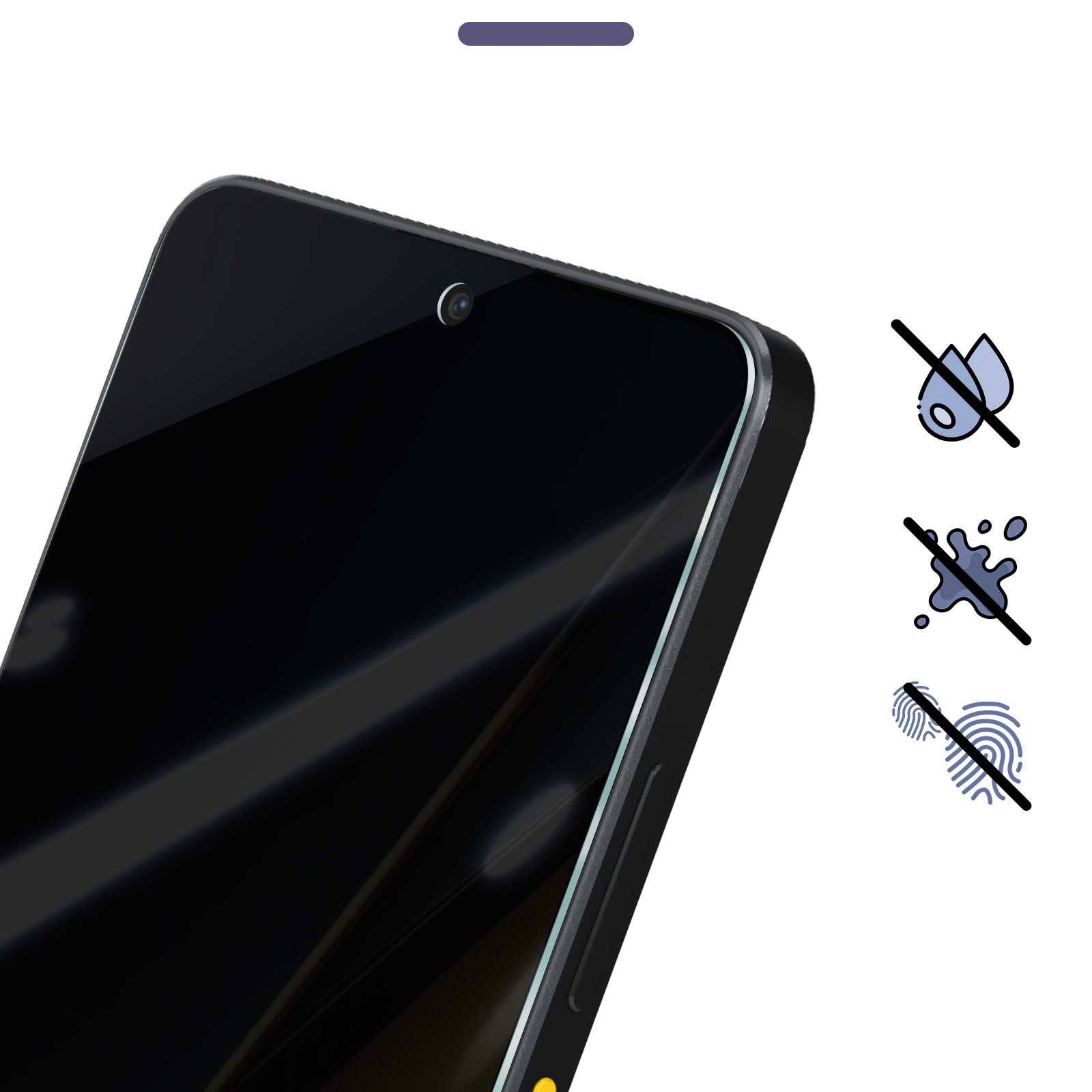 Uno smartphone nero con fotocamera, icone anti-acqua, anti-schizzo e anti-impronte. Il telefono è angolato, mostrando lo schermo.