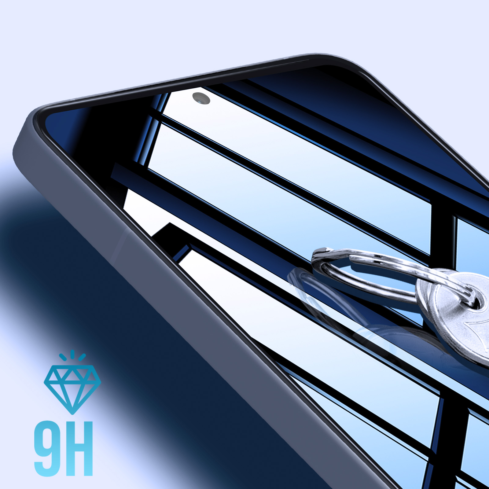 Uno smartphone con chiavi sullo schermo. Lo schermo ha riflessi e un logo diamante e 9H.
