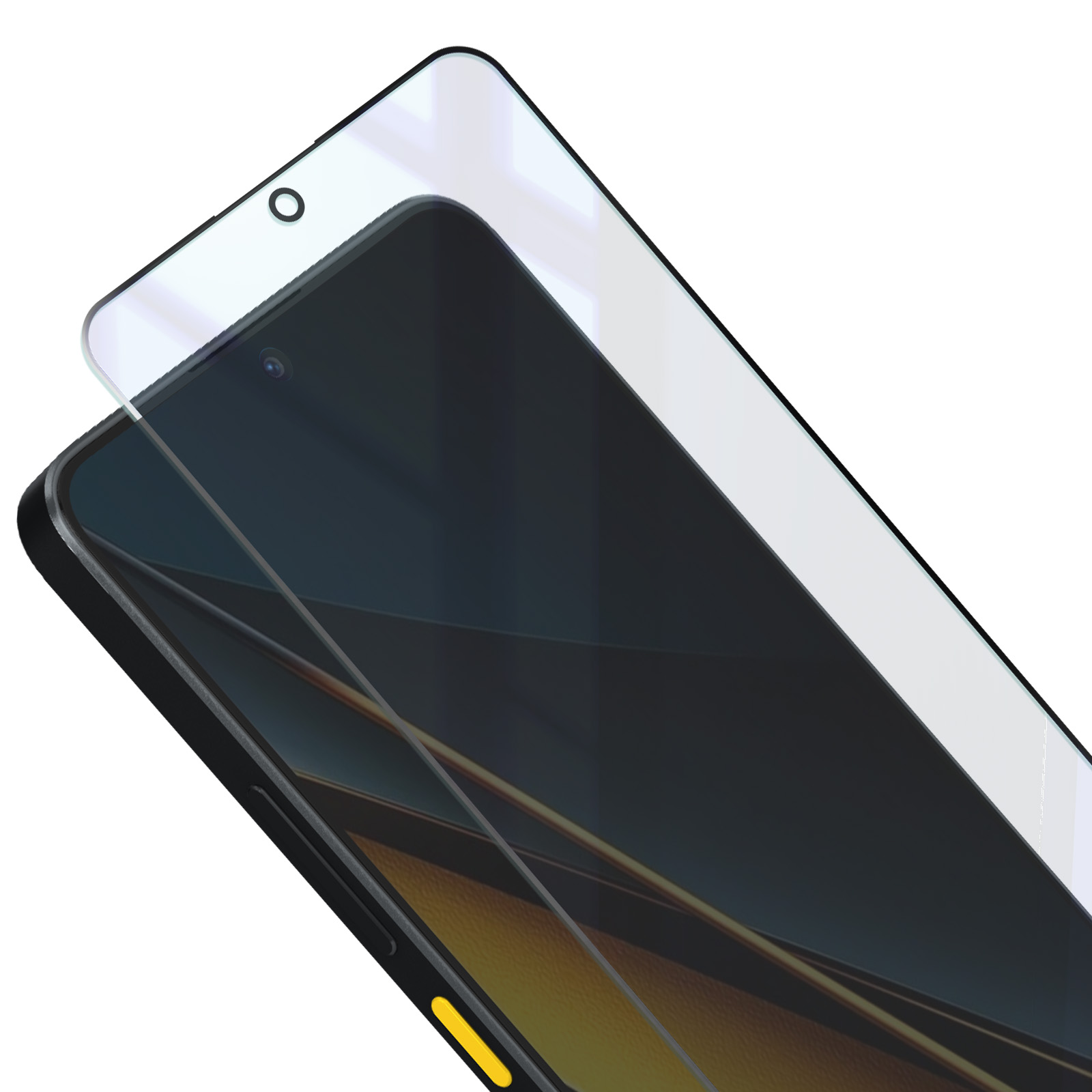 Uno smartphone con una protezione per lo schermo applicata. Il telefono è nero con un accento giallo. La protezione è trasparente, angolata e copre parzialmente lo schermo.