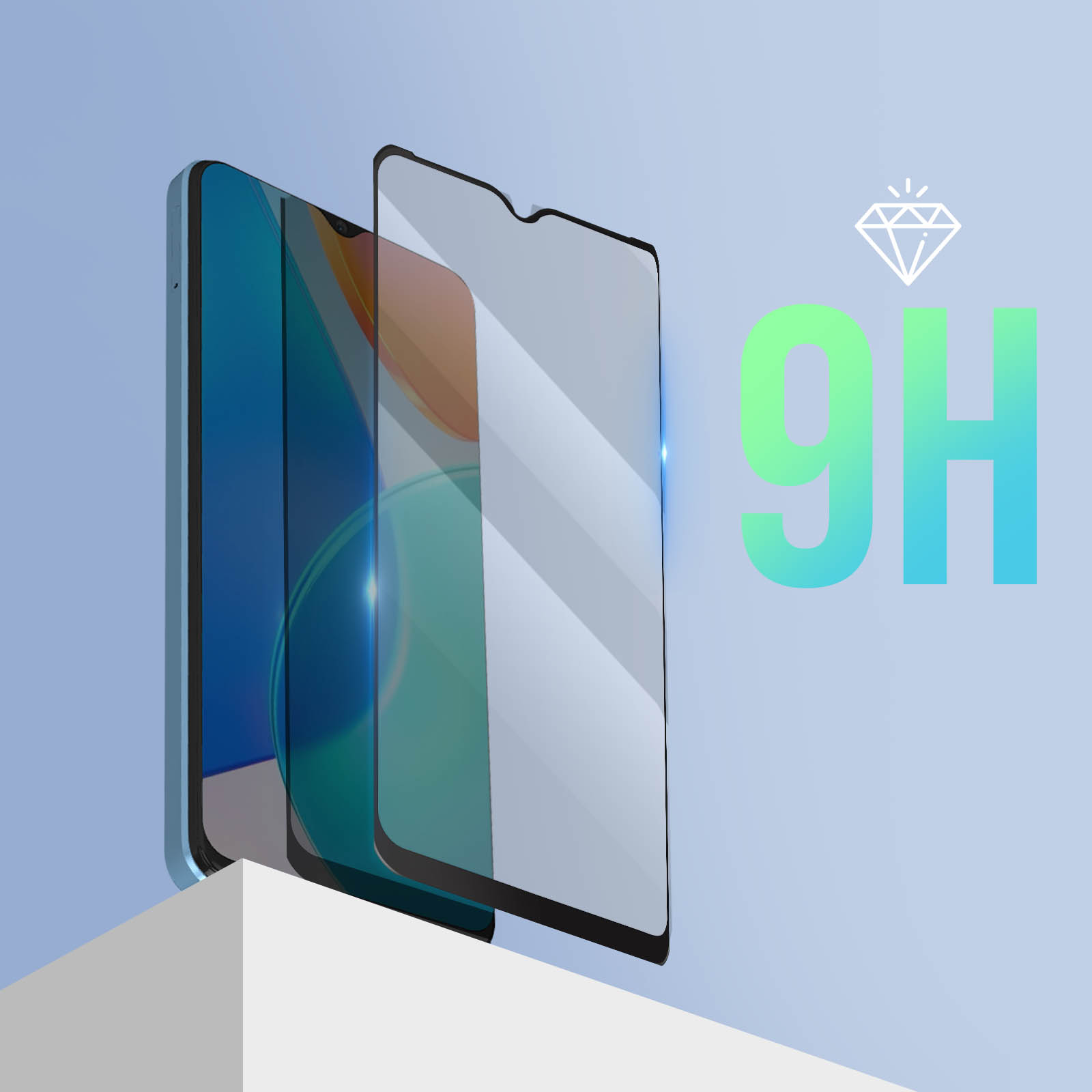 Un proteggi schermo e un telefono sono visualizzati. È presente anche il testo '9H' e un'icona a forma di diamante. Lo sfondo è azzurro.