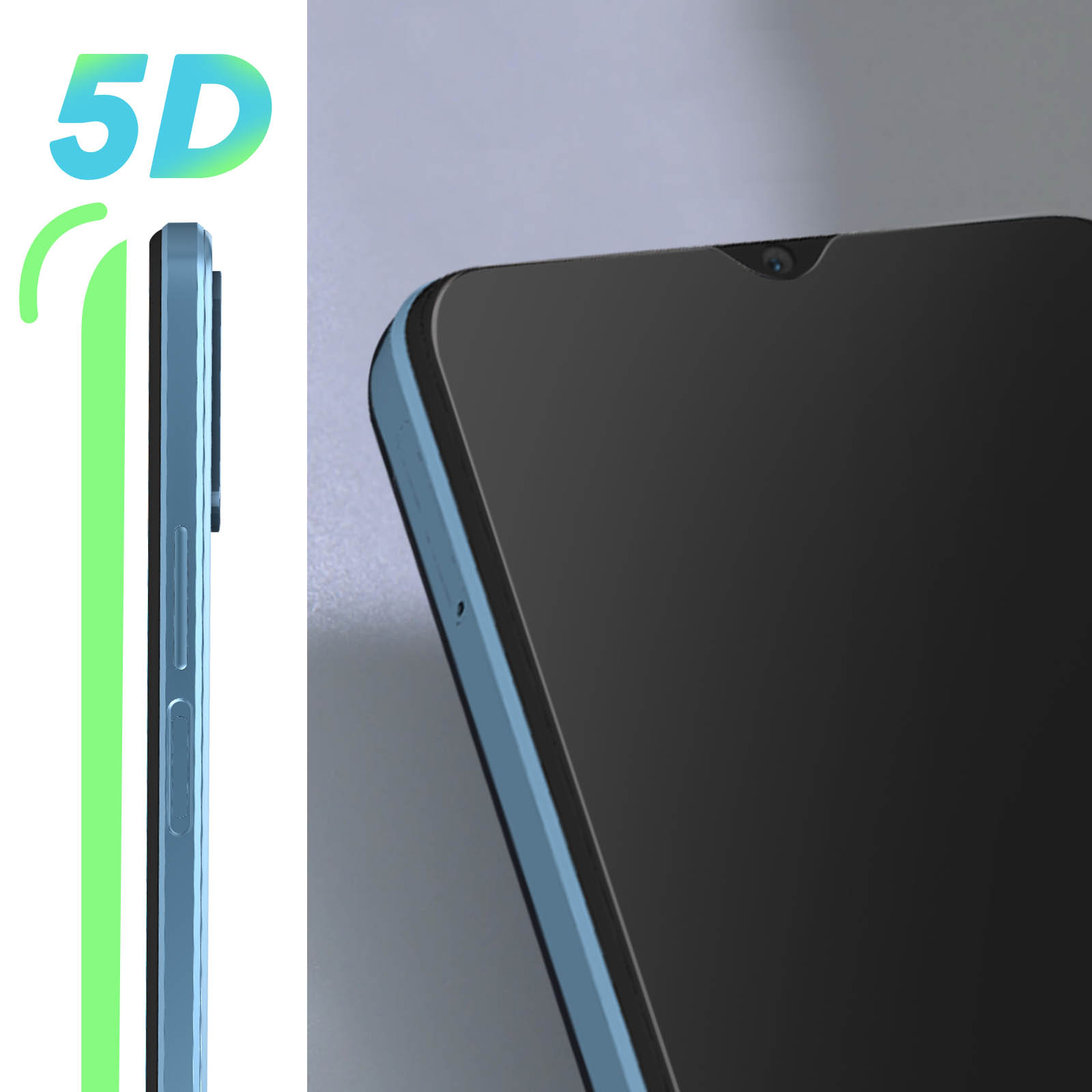 Uno smartphone è mostrato in primo piano. Il lato del telefono con i pulsanti è visibile. Un testo 5D e linee verdi sono presenti.