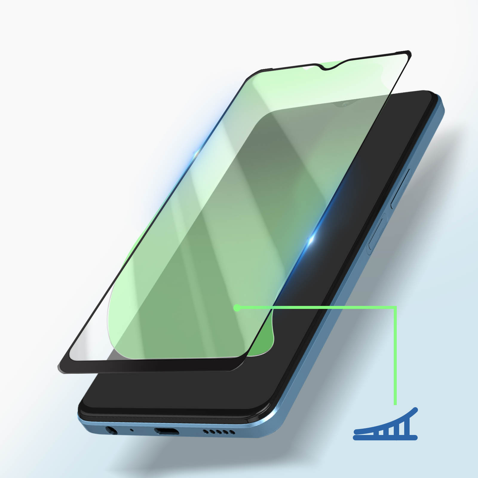Un telefono con un protettore per lo schermo in fase di applicazione. Il protettore è leggermente sopra lo schermo del telefono. Una linea verde punta a un'icona.