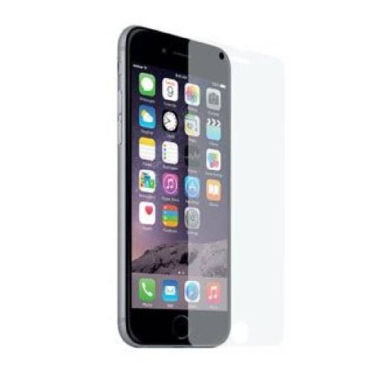 Un iPhone con protezione schermo. Il telefono mostra icone app. La protezione schermo è a destra.