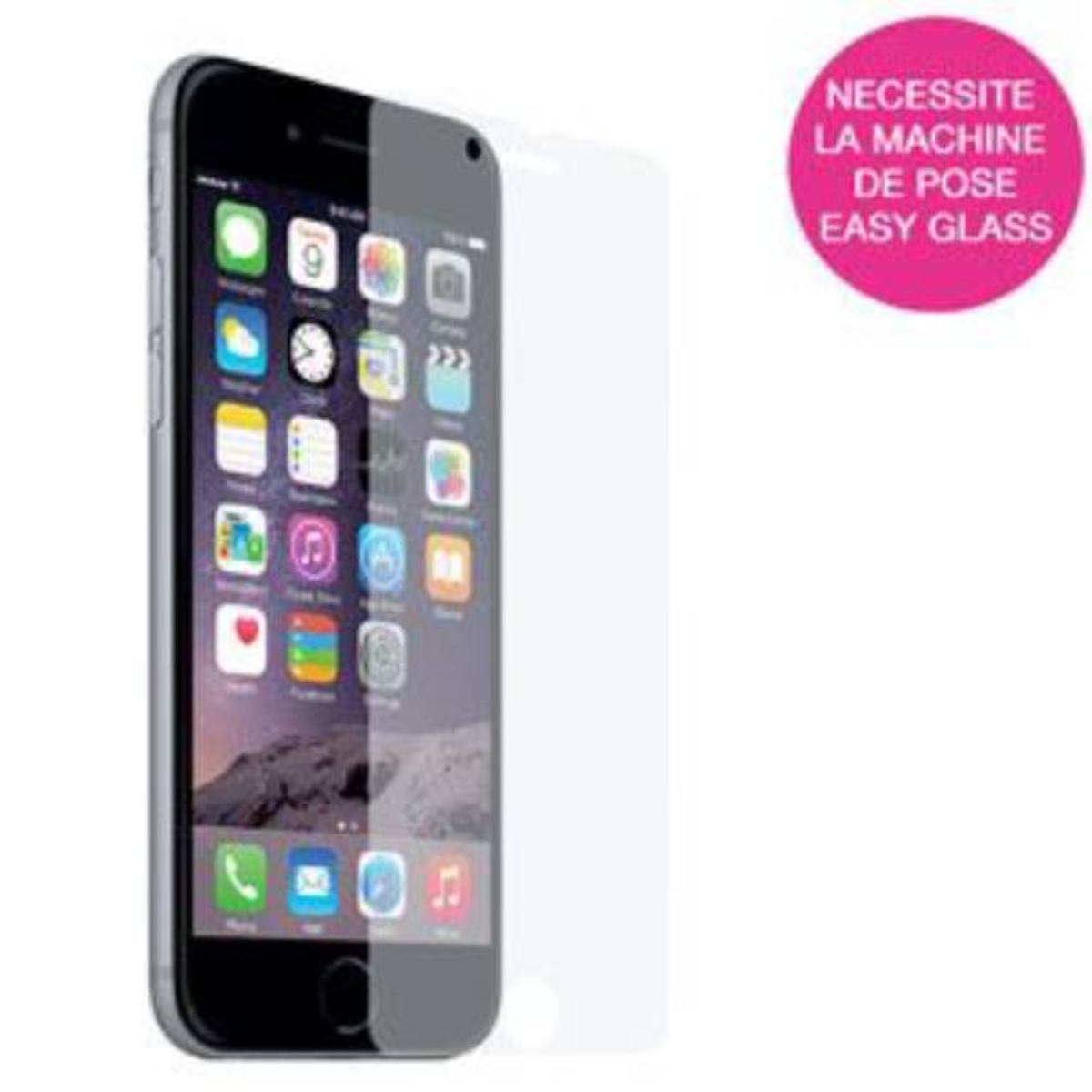 Un iPhone con lo schermo acceso, una protezione per lo schermo a destra e un cerchio rosa con testo.
