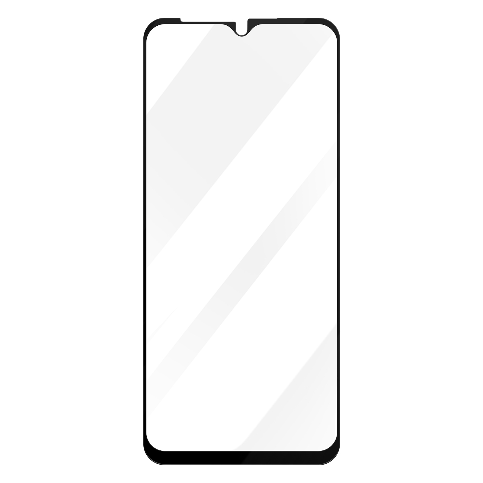 Un proteggi schermo per smartphone. È rettangolare con angoli arrotondati. La parte superiore ha un intaglio per la fotocamera. Il telaio è nero.