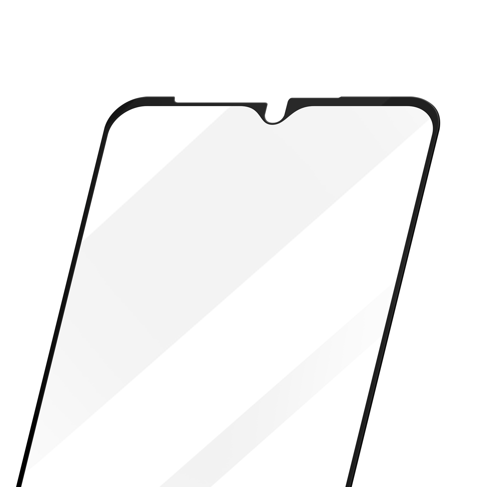 Een schermbeschermer voor smartphones. Zwarte rand en inkeping bovenaan. Witte achtergrond met diagonale lichtreflecties.