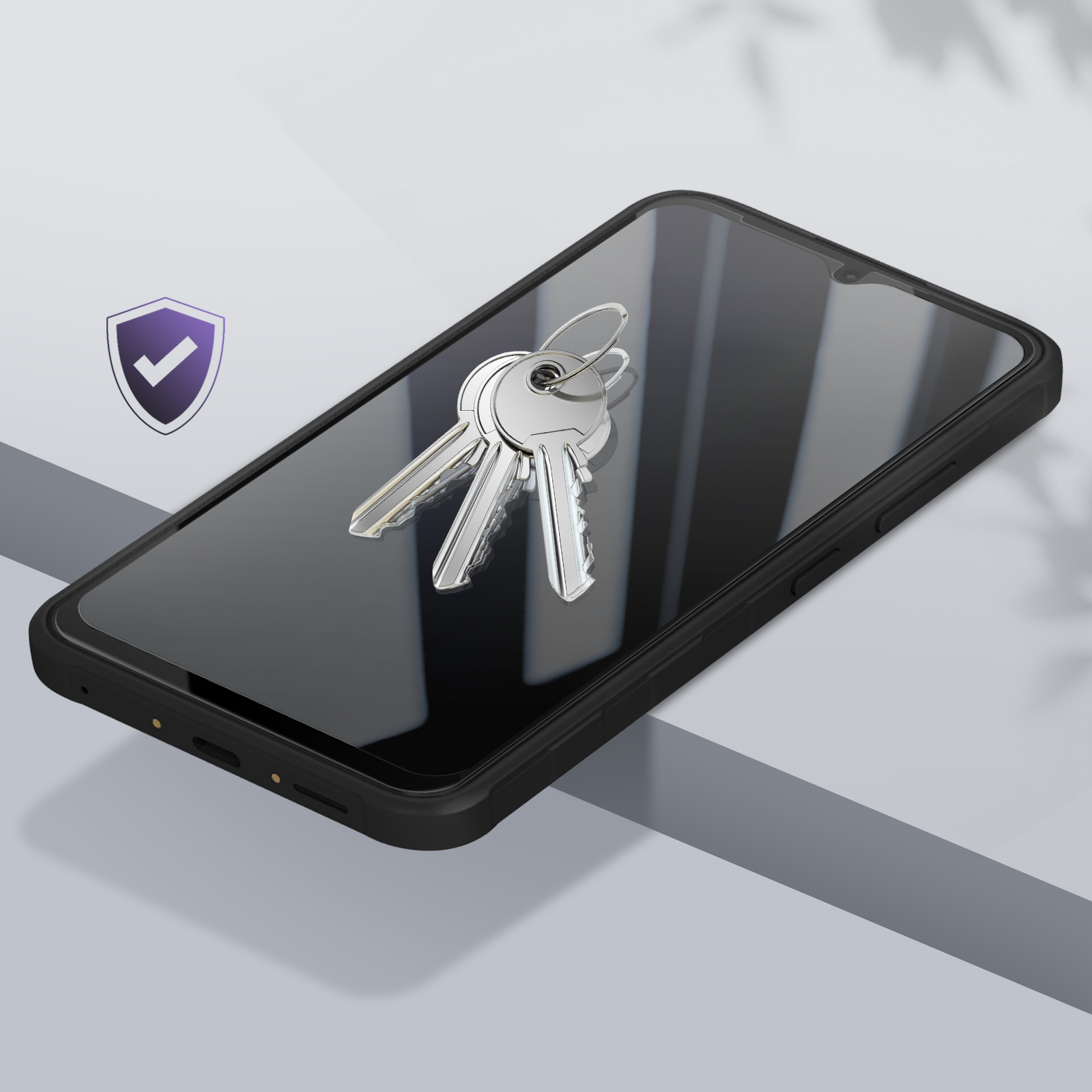 Uno smartphone nero con chiavi sullo schermo. Un'icona a scudo è nell'angolo in alto a sinistra. Lo sfondo è grigio chiaro.
