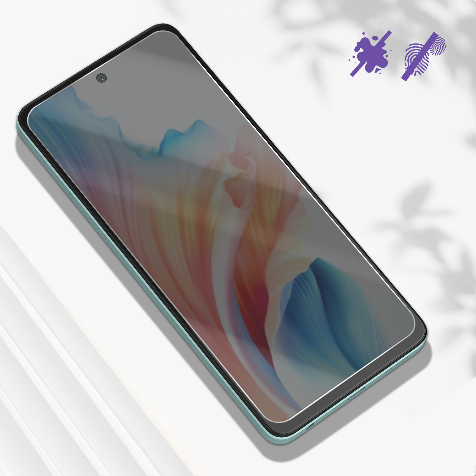 Smartphone con protezione schermo. Lo schermo mostra motivi colorati. Icone indicano funzioni antimacchia e anti-impronte.
