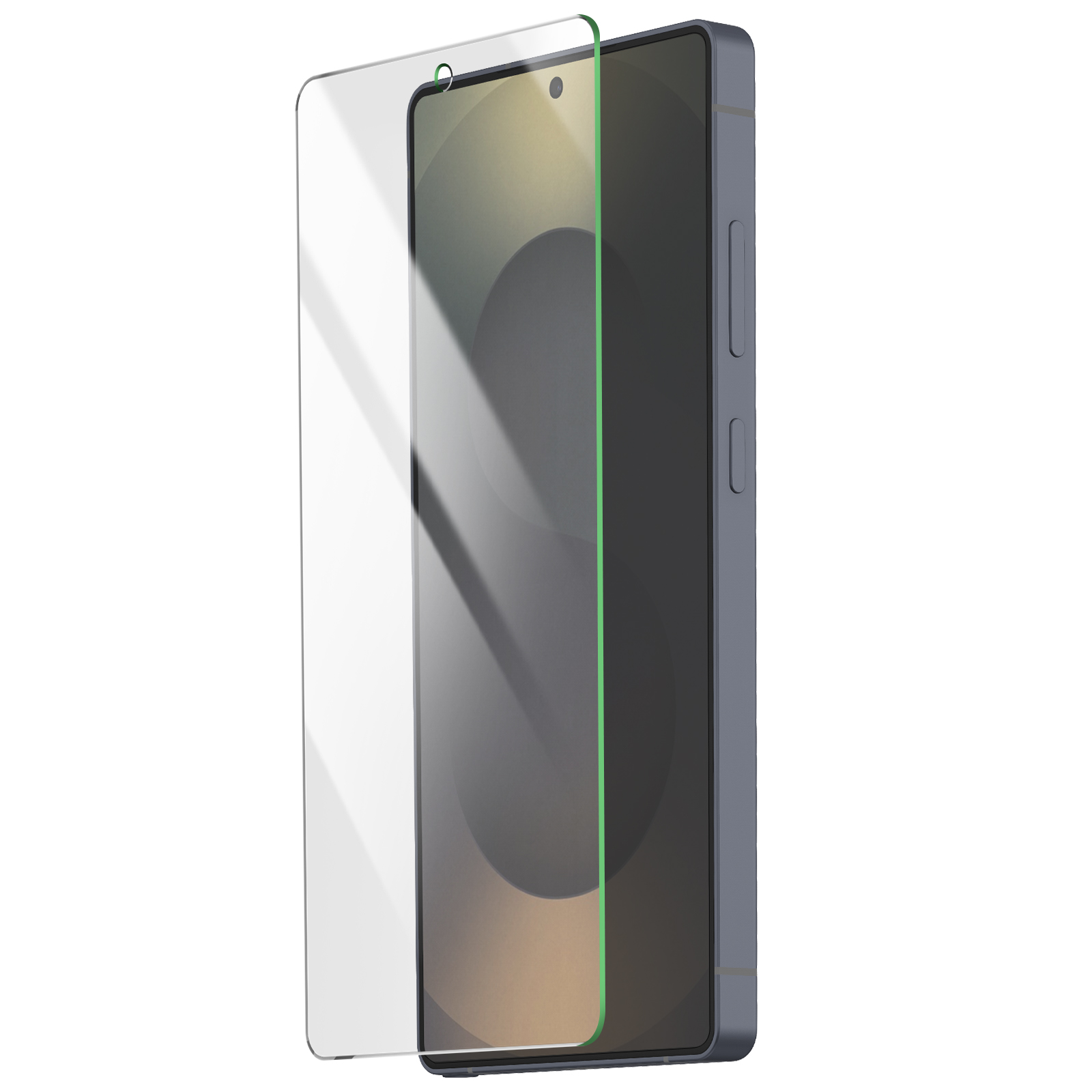 Uno smartphone con protezione schermo applicata. Il telefono è blu-grigio. Una protezione trasparente con bordo verde è sullo schermo.
