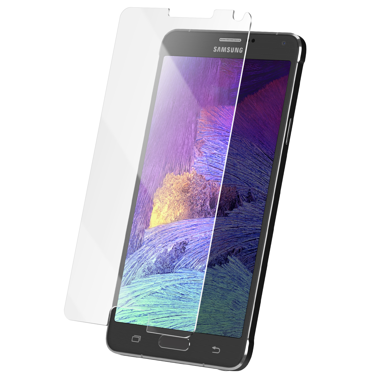 Uno smartphone con protezione schermo. Il telefono è nero con un display astratto colorato. La protezione è trasparente.