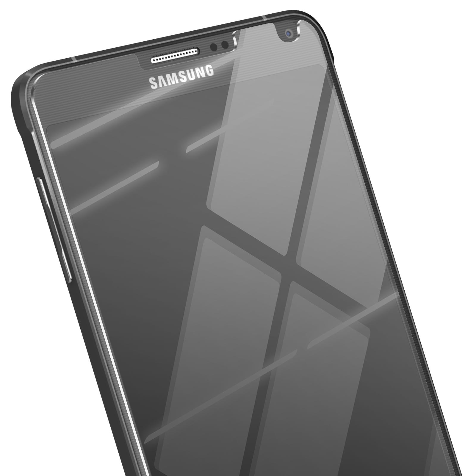 Uno smartphone con schermo in vetro, il logo Samsung è visibile. Il telefono ha una cornice nera ed è angolato diagonalmente.