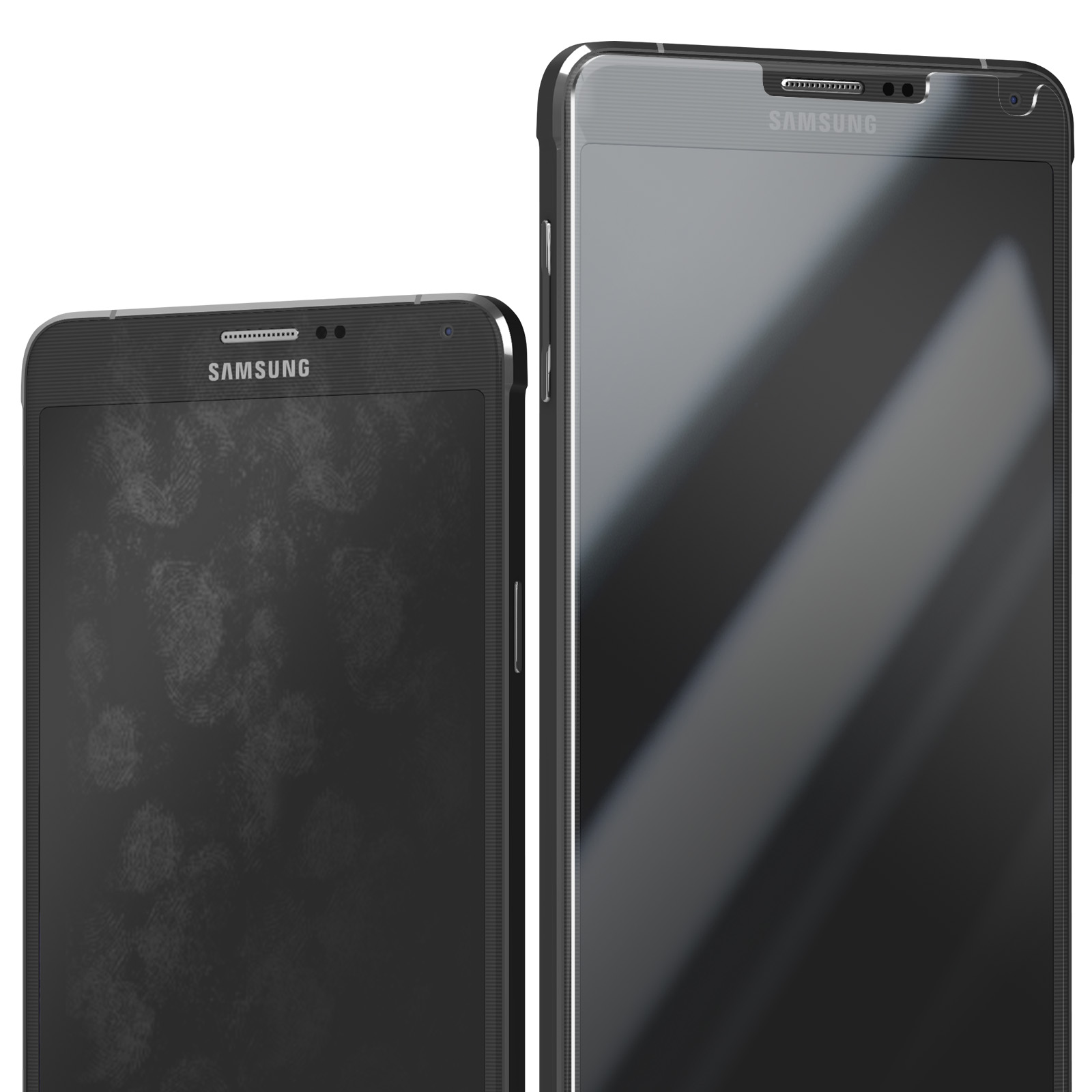 Due smartphone Samsung neri, uno con impronte digitali. Entrambi hanno il logo Samsung e una fotocamera in alto.
