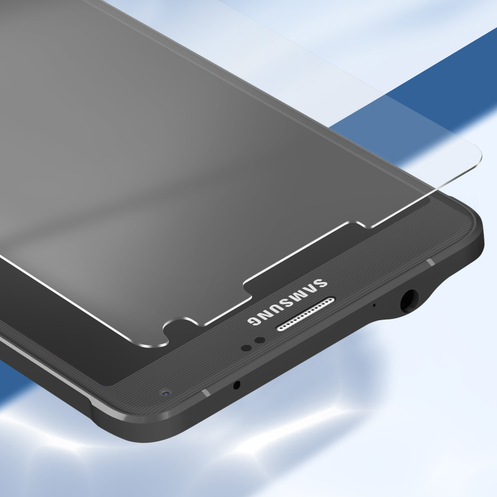Un telefono Samsung con protezione schermo. Il telefono è nero, la protezione trasparente. SAMSUNG è visibile in basso.