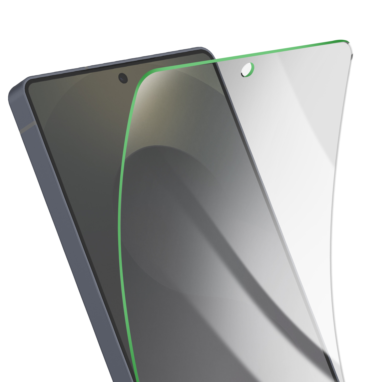 Uno smartphone con una protezione per lo schermo applicata. Il telefono è grigio, la protezione è trasparente con bordo verde, sfondo bianco.
