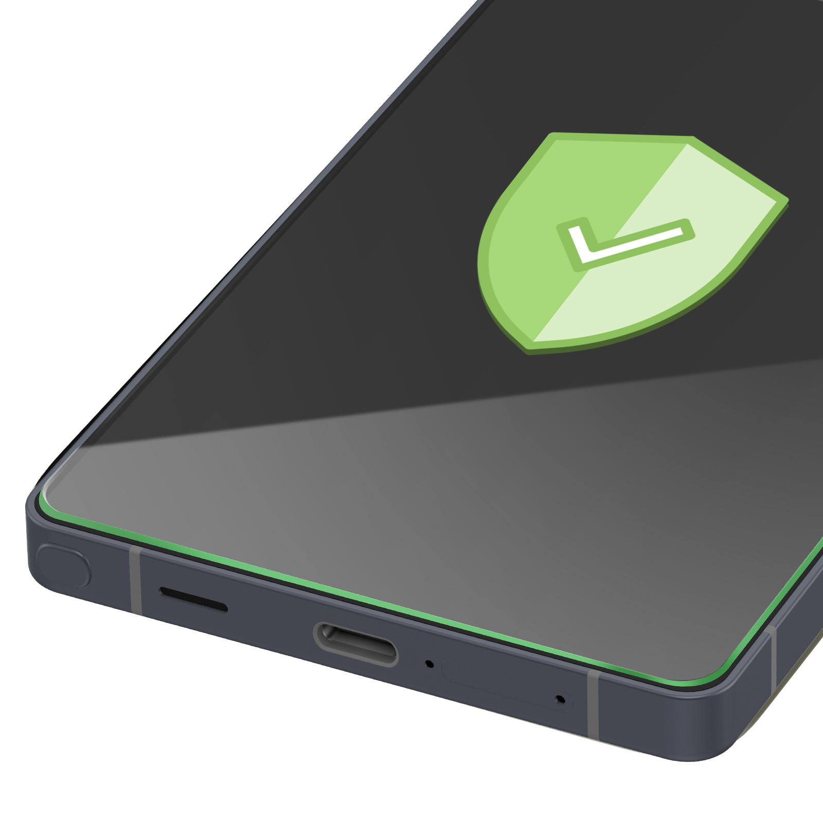 Smartphone grigio scuro, con un'icona a scudo verde con un segno di spunta. Il telefono ha un bordo verde.