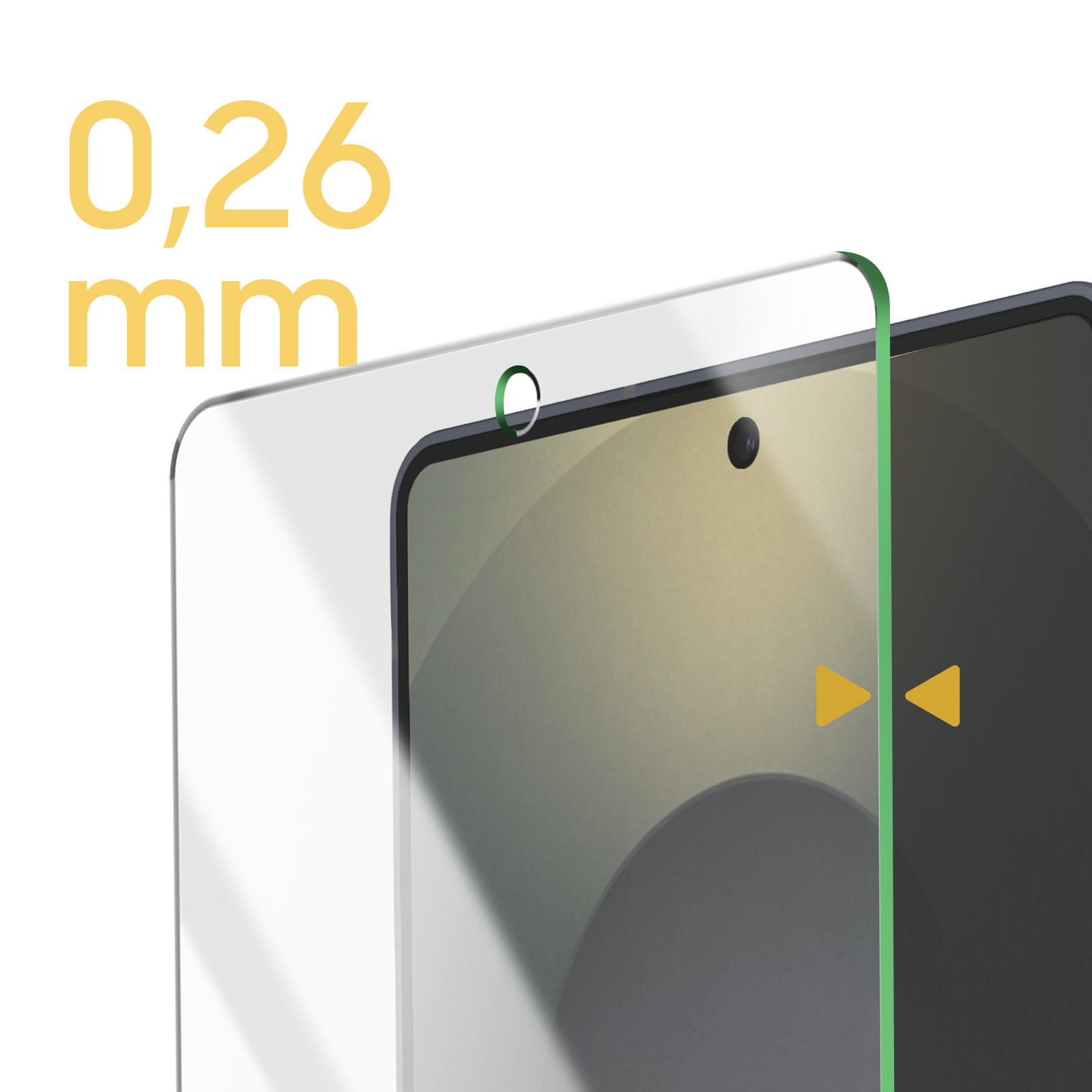 È mostrato un proteggi schermo, con il testo '0,26 mm'. Le frecce indicano l'installazione. Una fotocamera è visibile.