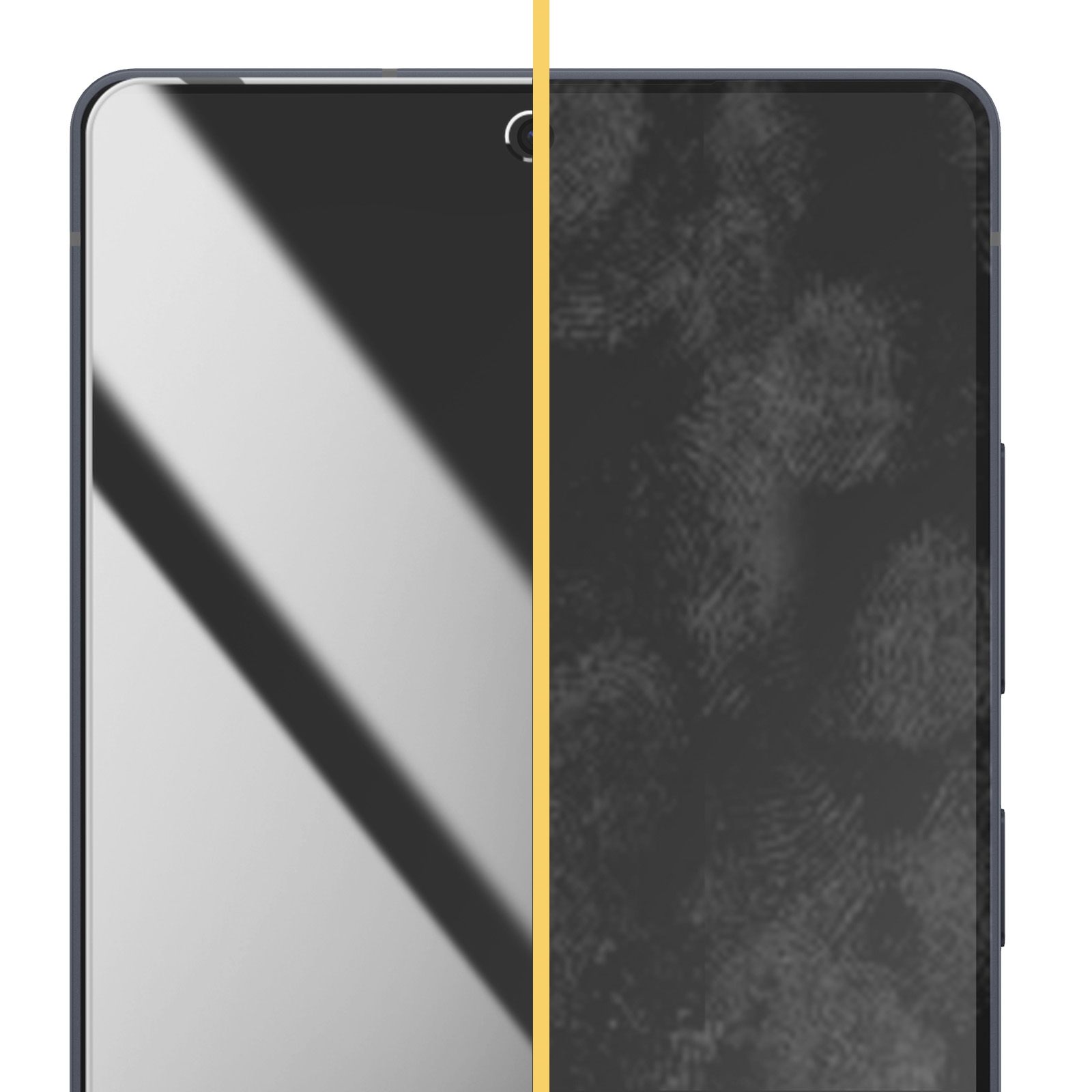 Lo schermo di uno smartphone è diviso da una linea verticale. Il lato sinistro è grigio chiaro, il lato destro è grigio scuro con trama di impronte digitali.