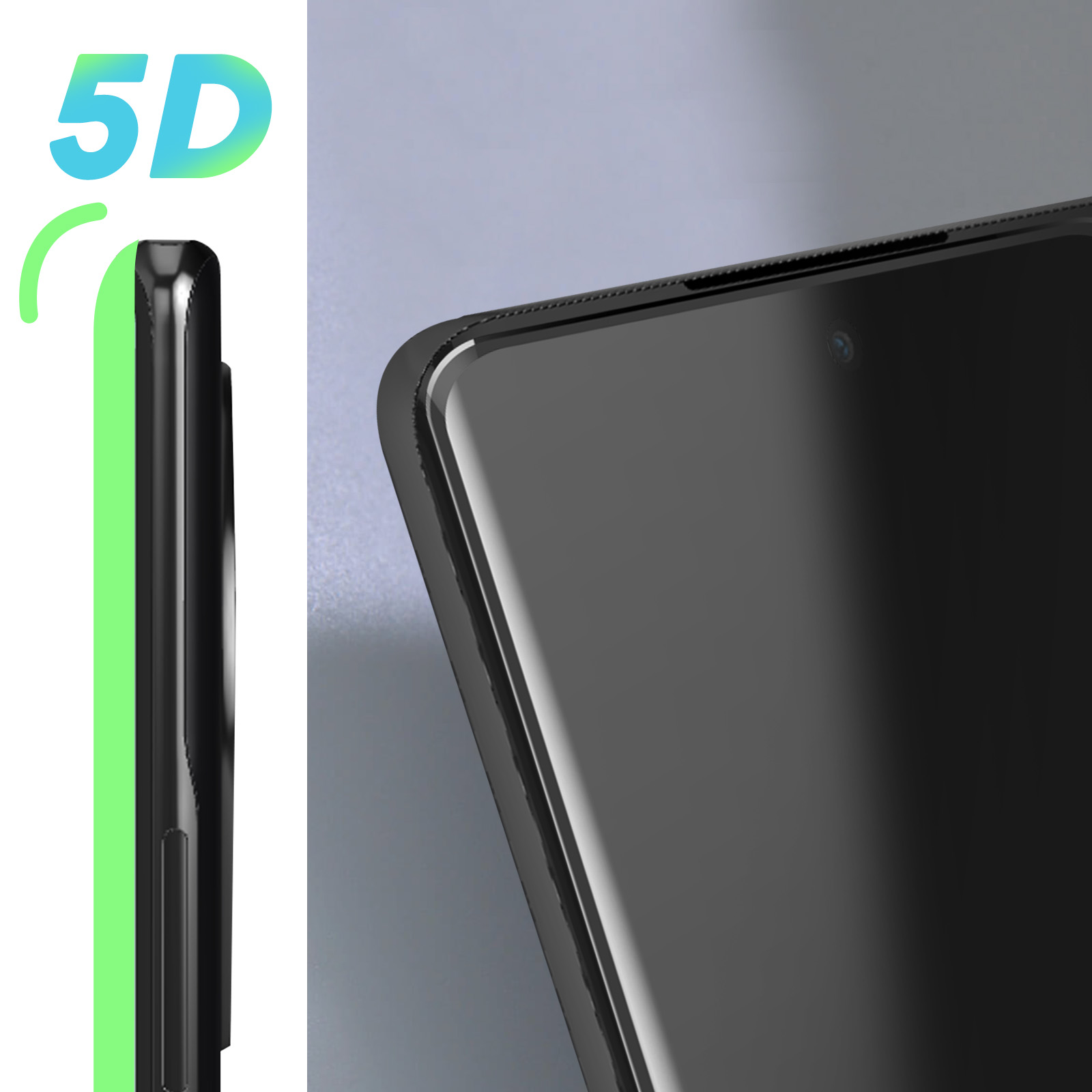 Primo piano di un telefono. Lo schermo è nero, con una fotocamera. Il lato è nero con una striscia verde e la scritta 5D.