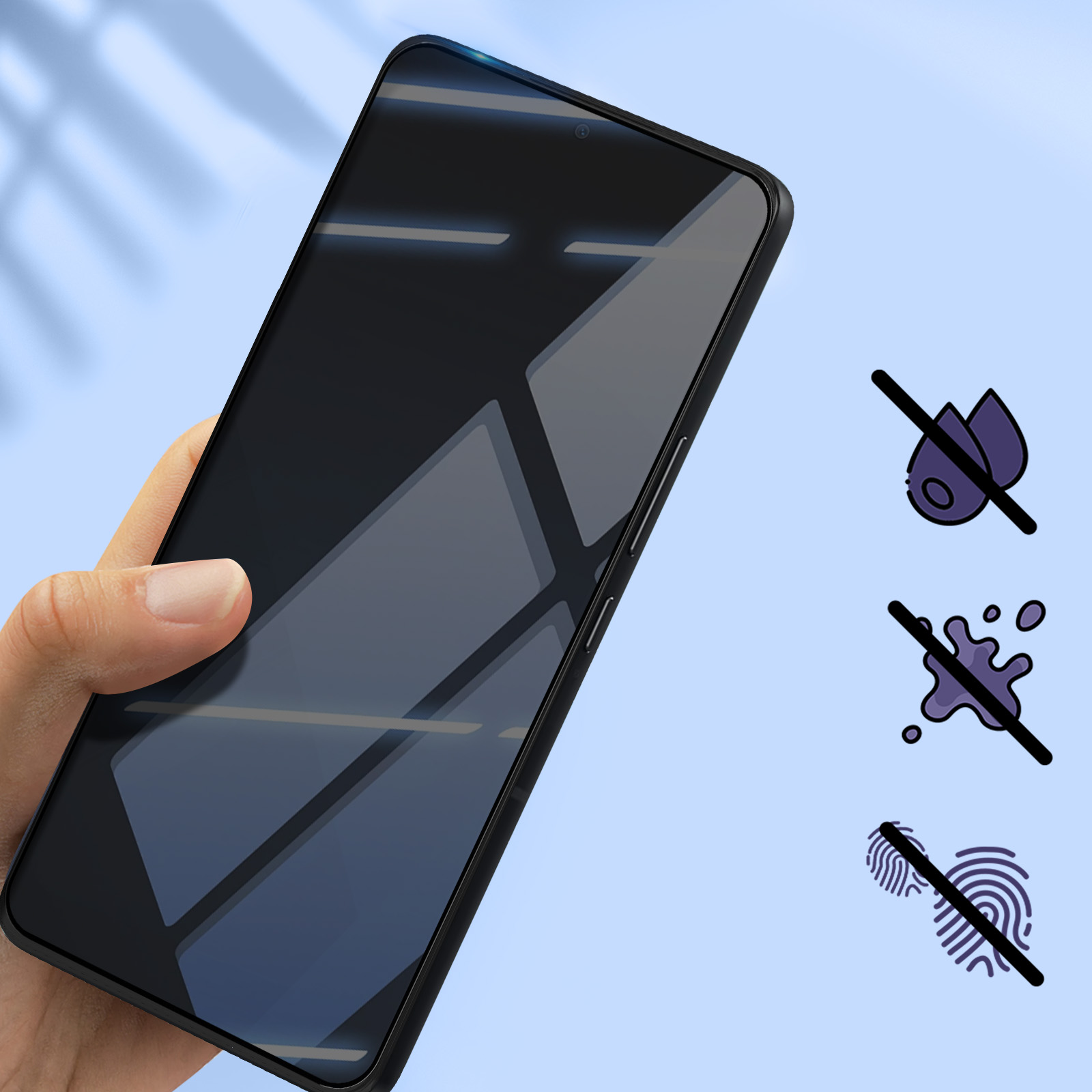 Mano che tiene uno smartphone nero. Simboli di acqua, schizzi e impronte digitali sbarrati, su sfondo azzurro.
