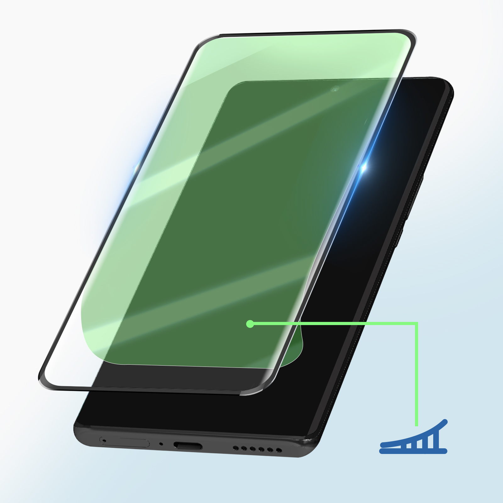 Uno smartphone con protezione schermo, vetro verde e icona segnale. La protezione è parzialmente sollevata.
