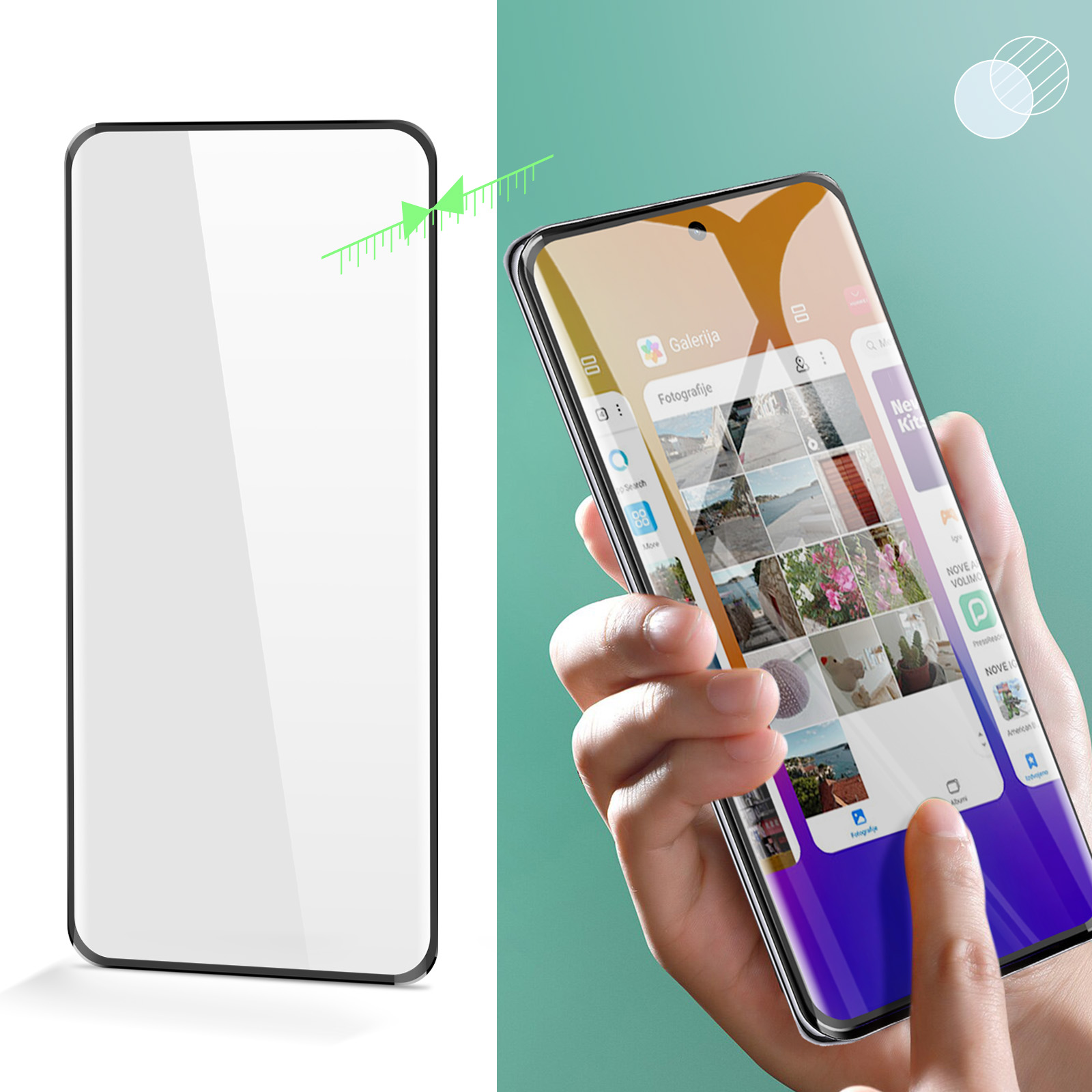 Lo schermo del telefono mostra un'app della galleria di immagini. Una mano tiene il telefono. Lo schermo ha una protezione.