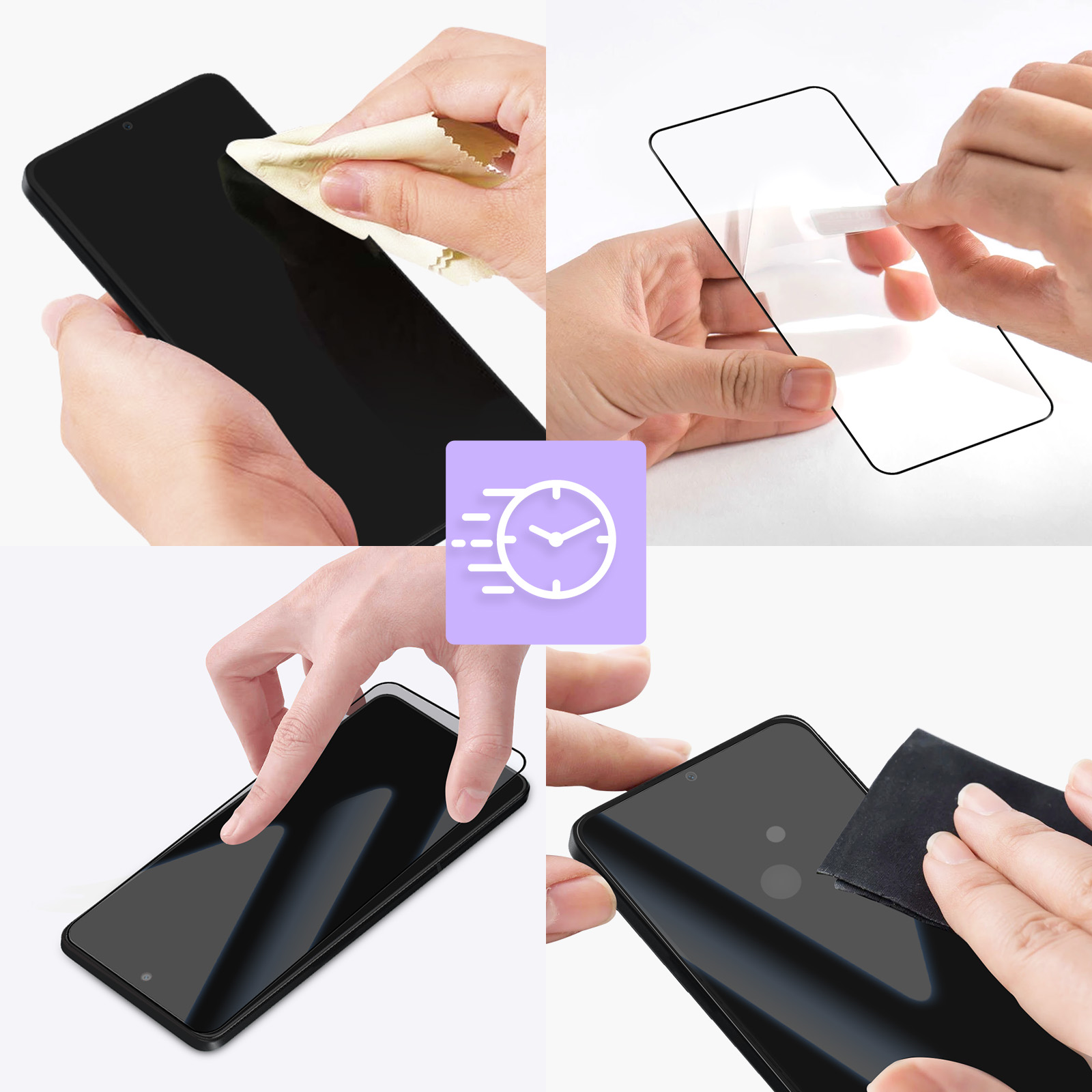 Mani che puliscono e applicano una protezione schermo a uno smartphone. Include pulizia, allineamento e lisciatura.
