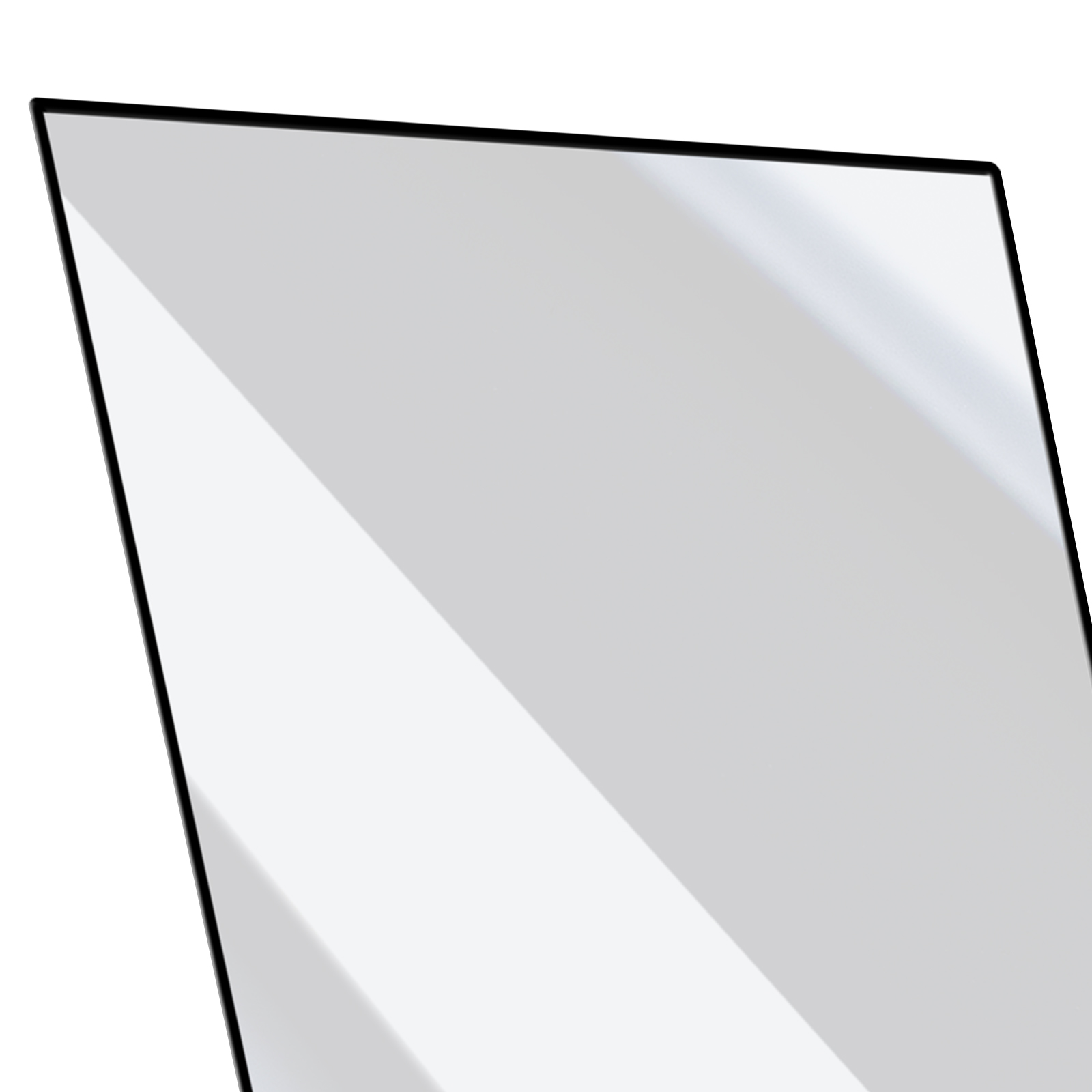 Un oggetto rettangolare inclinato con cornice nera. Presenta un motivo diagonale bianco e grigio sulla superficie.
