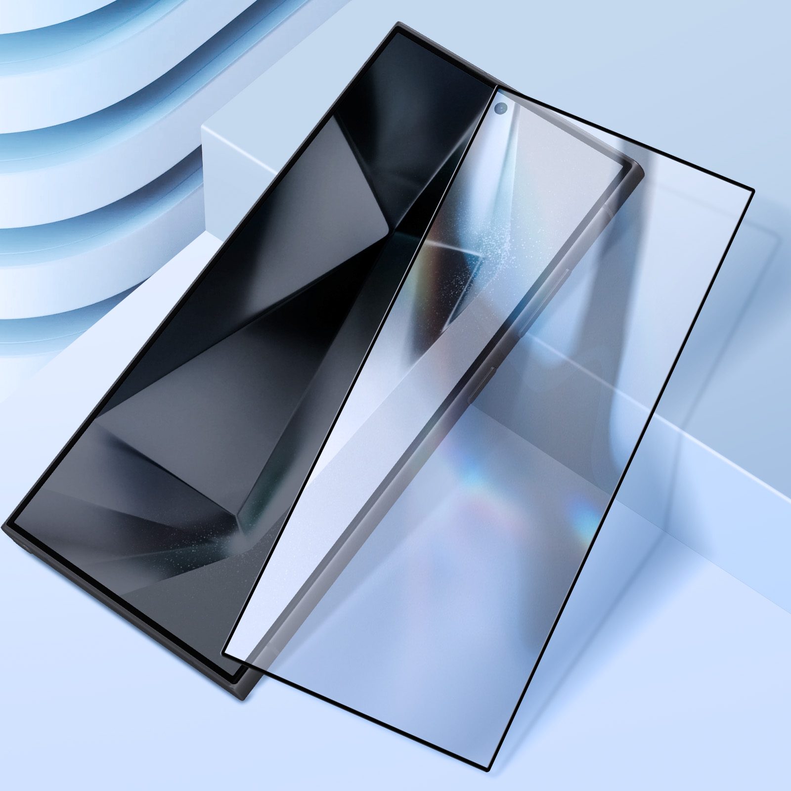 Uno smartphone con una protezione schermo su sfondo blu. La protezione è trasparente. Lo sfondo presenta forme astratte.