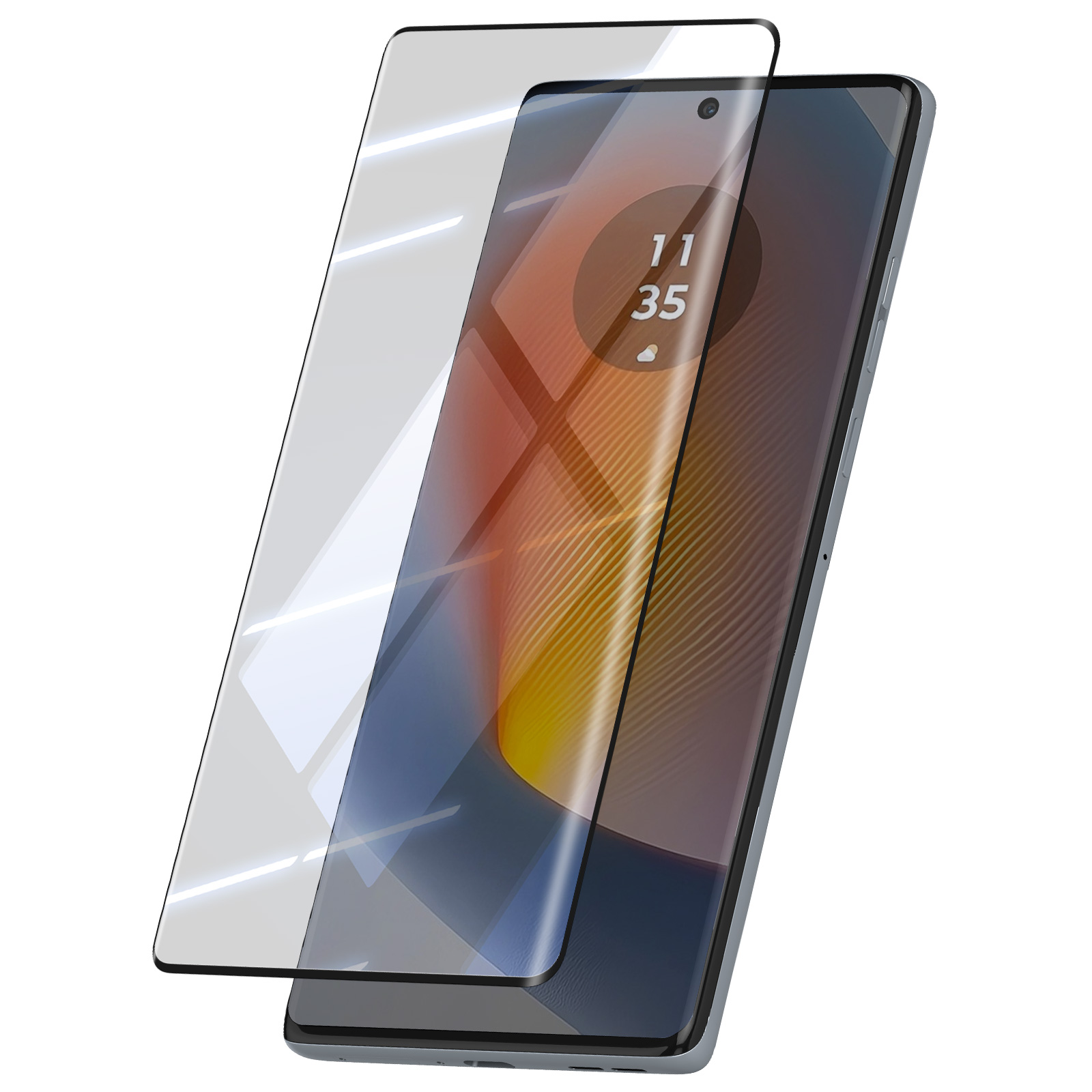 Uno smartphone con protezione schermo. Lo schermo mostra le 11:35. Il telefono è grigio, con protezione trasparente.