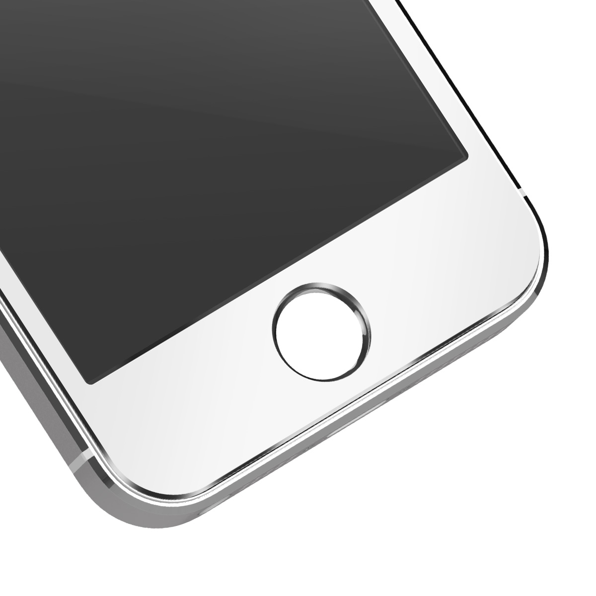 Close-up van een zilveren smartphone. Het scherm is zwart. Een witte homeknop met een cirkel is zichtbaar.