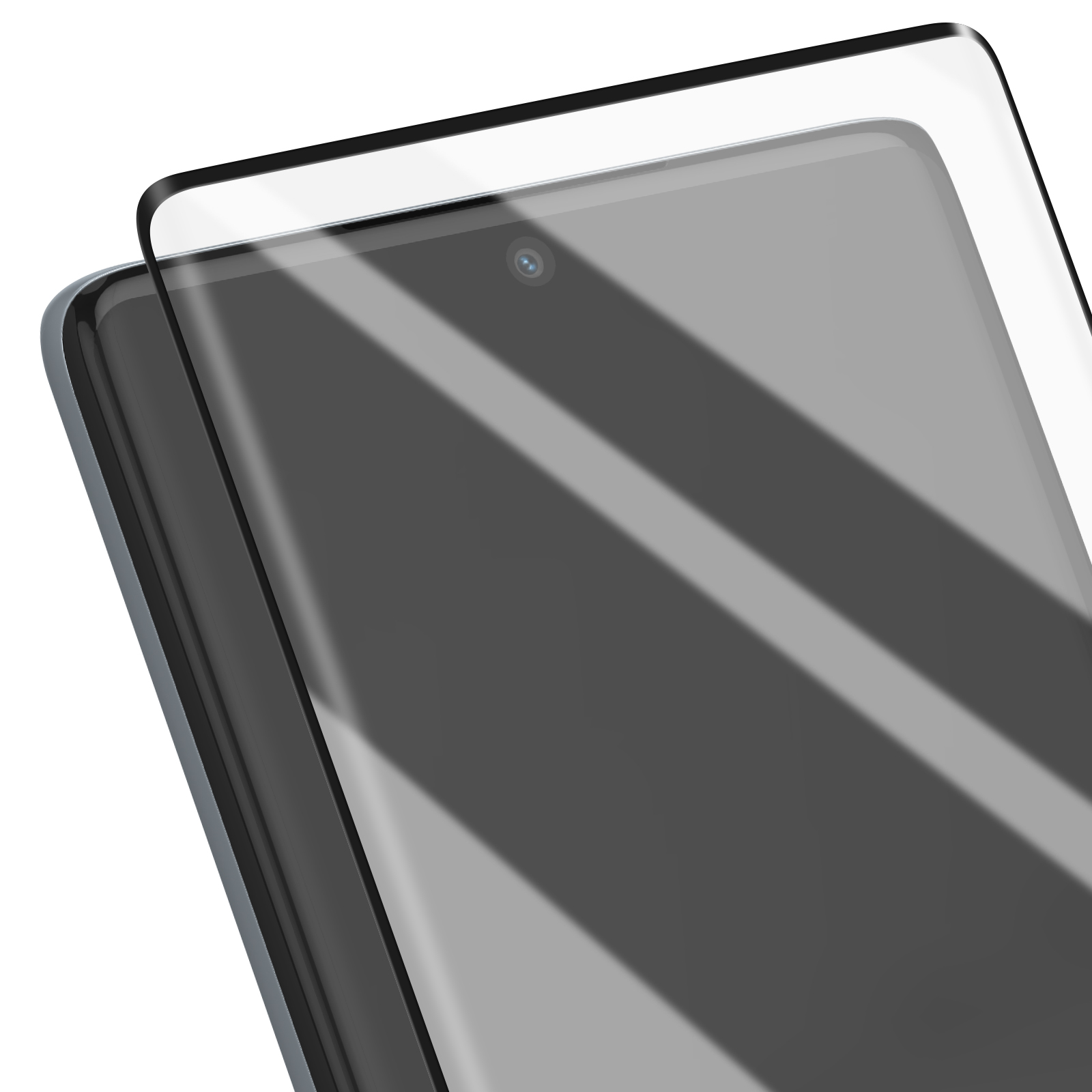 Un proteggi schermo viene posizionato su un telefono. Lo schermo è nero con ombre. Il proteggi schermo è trasparente.