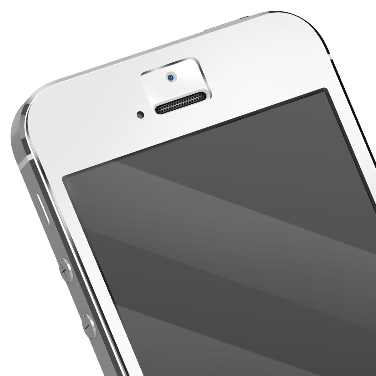 Close-up van een zilveren smartphone. Het scherm is uit, met een camera aan de voorkant en een luidspreker bovenaan. Volumeknoppen aan de zijkant.