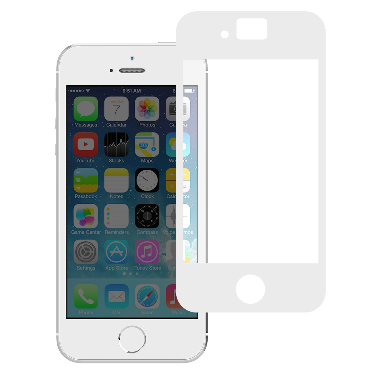 Witte iPhone met een schermbeschermer. Het scherm toont app-iconen. De tijd is 9:51. De beschermer is wit.