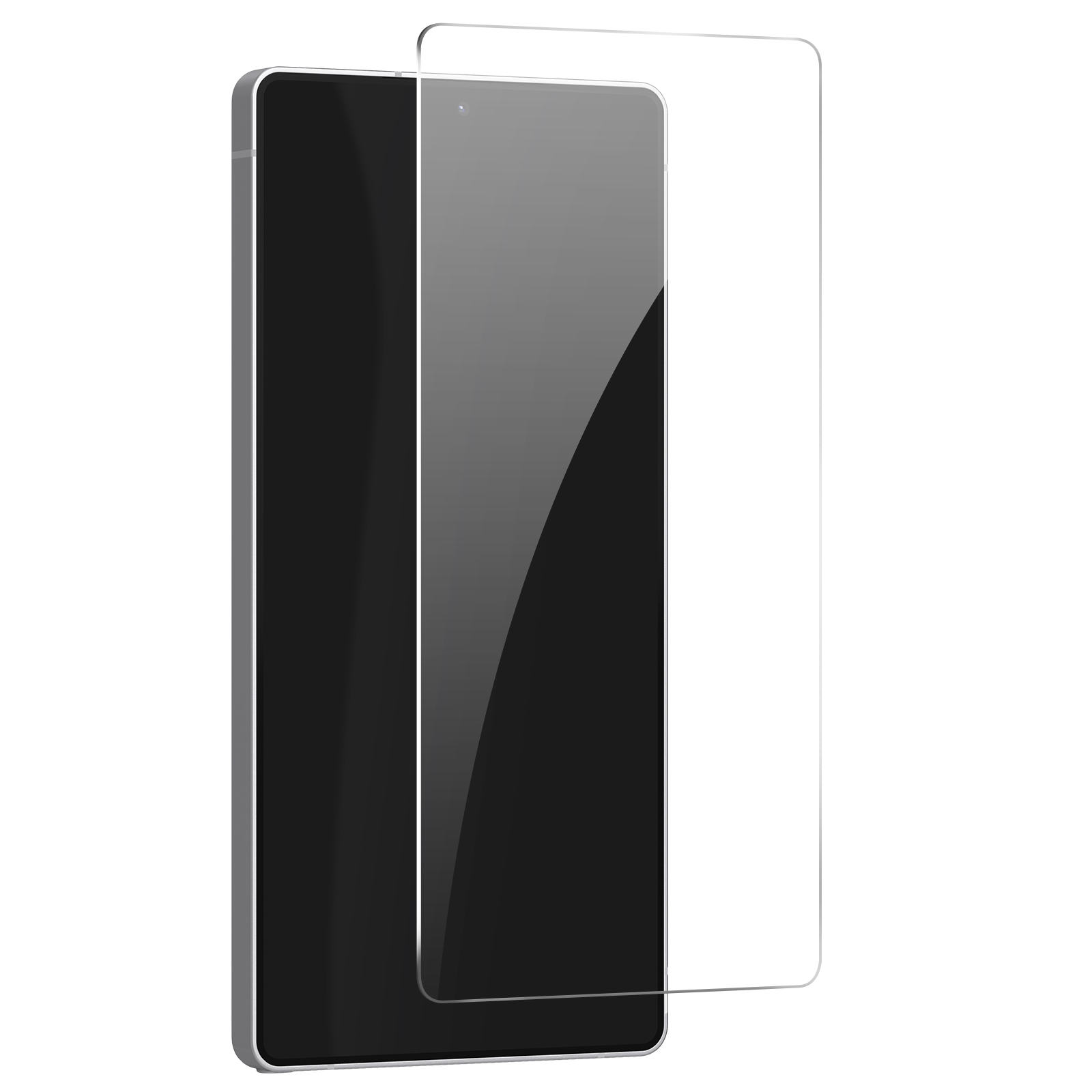 Uno smartphone con protezione schermo su sfondo bianco. Il telefono è nero con cornice argentata.