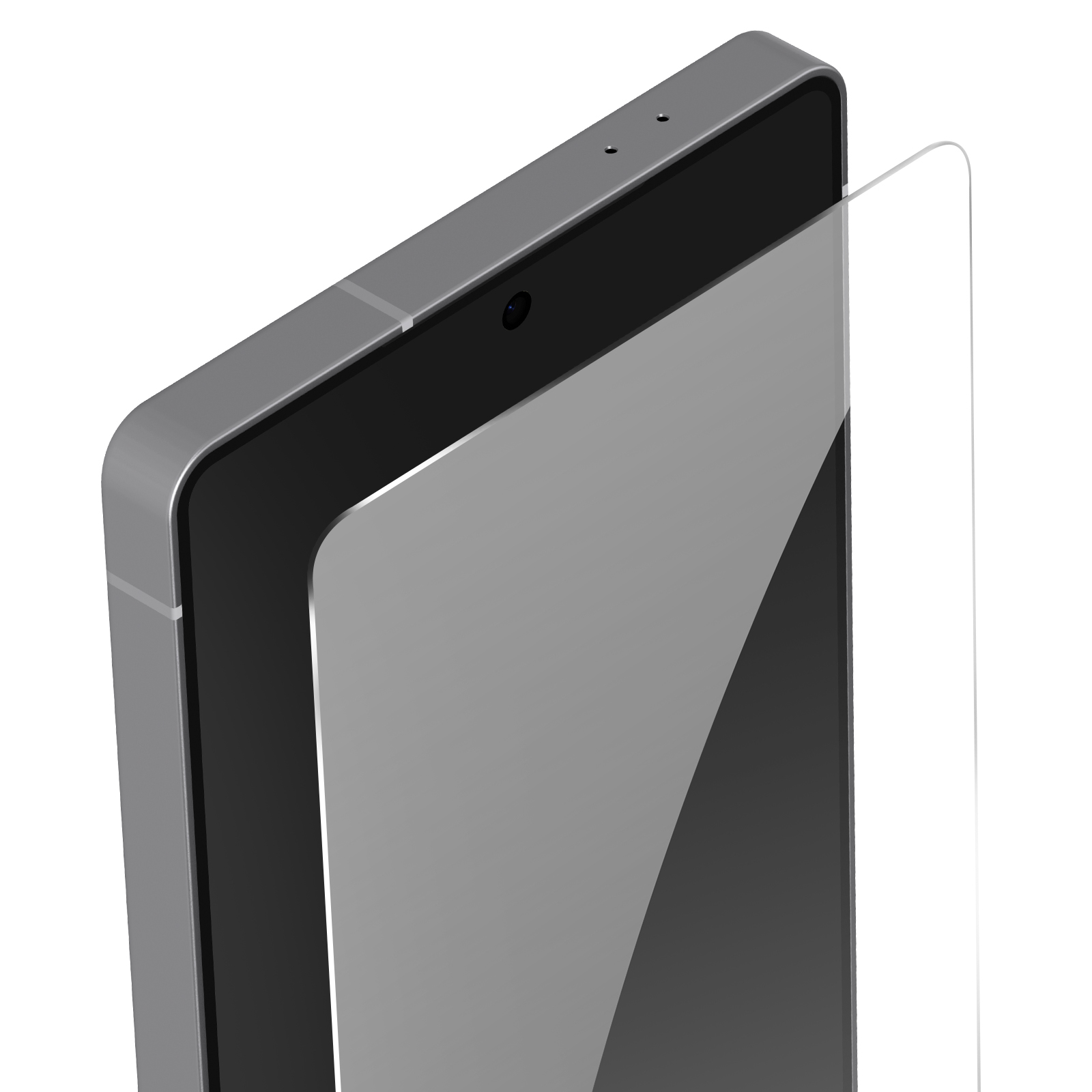 Uno smartphone grigio con una protezione per lo schermo applicata. Il telefono ha una fotocamera e dei sensori in alto.