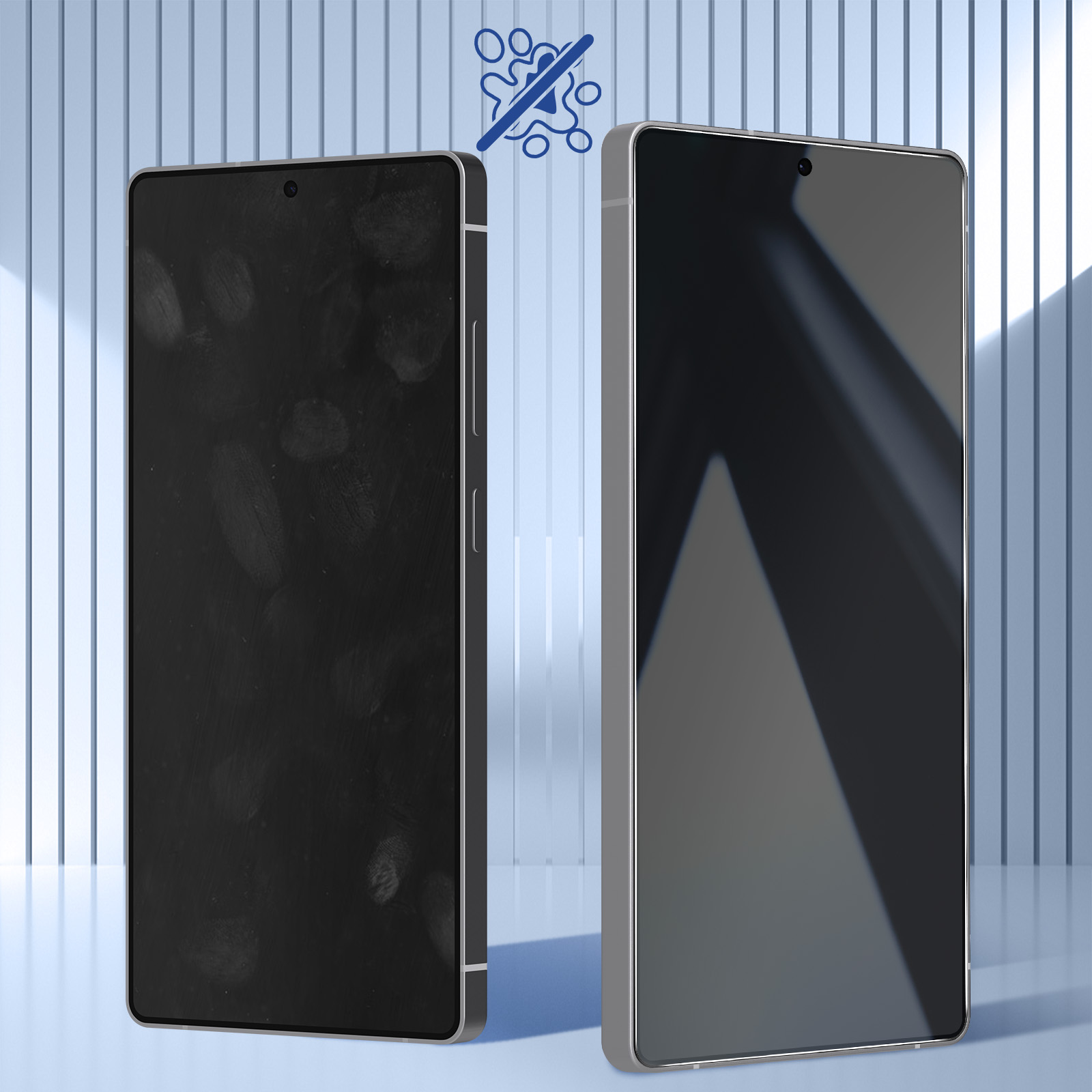 Due smartphone, uno con impronte digitali e uno pulito, su sfondo blu con icona anti-impronte digitali.