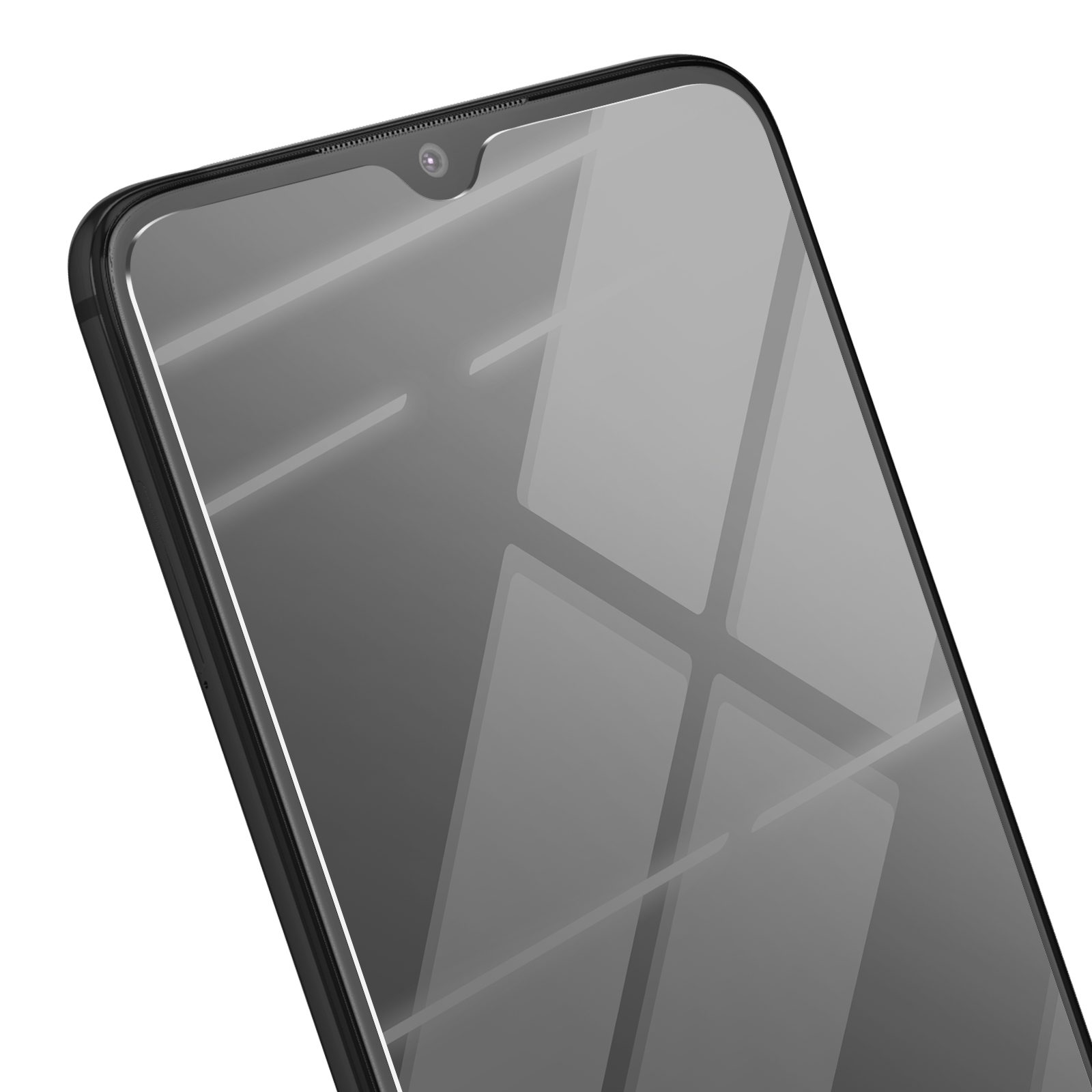 Schermo dello smartphone con fotocamera e riflesso. Cornice nera, schermo grigio, sfondo bianco. Vista angolata.