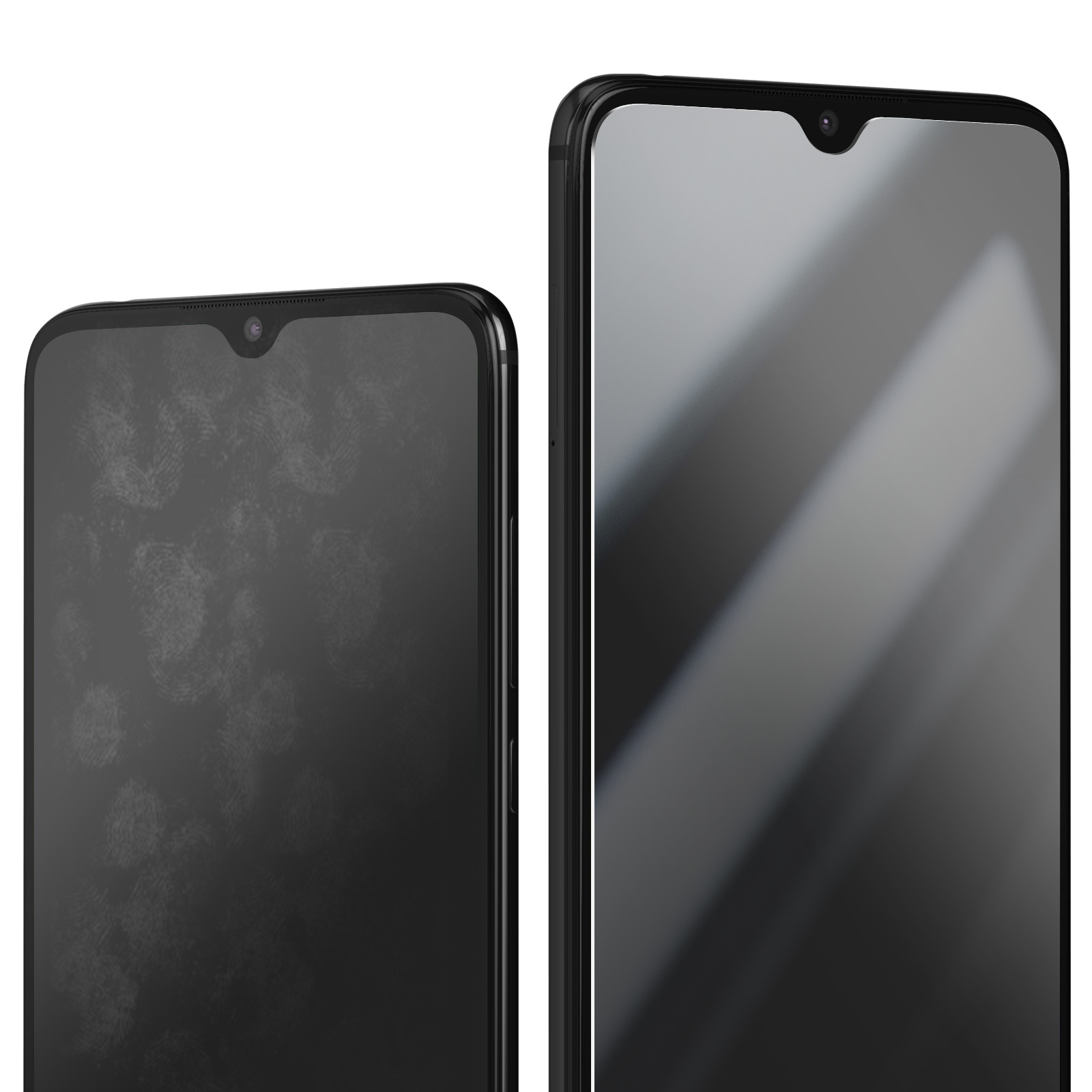 Due smartphone neri affiancati. Il telefono a sinistra mostra impronte digitali. Quello a destra ha uno schermo riflettente.