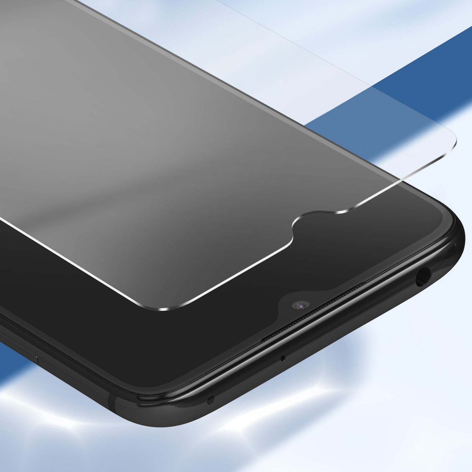 Uno smartphone con protezione schermo. Il telefono è nero, con una protezione trasparente. Sfondo blu e bianco.