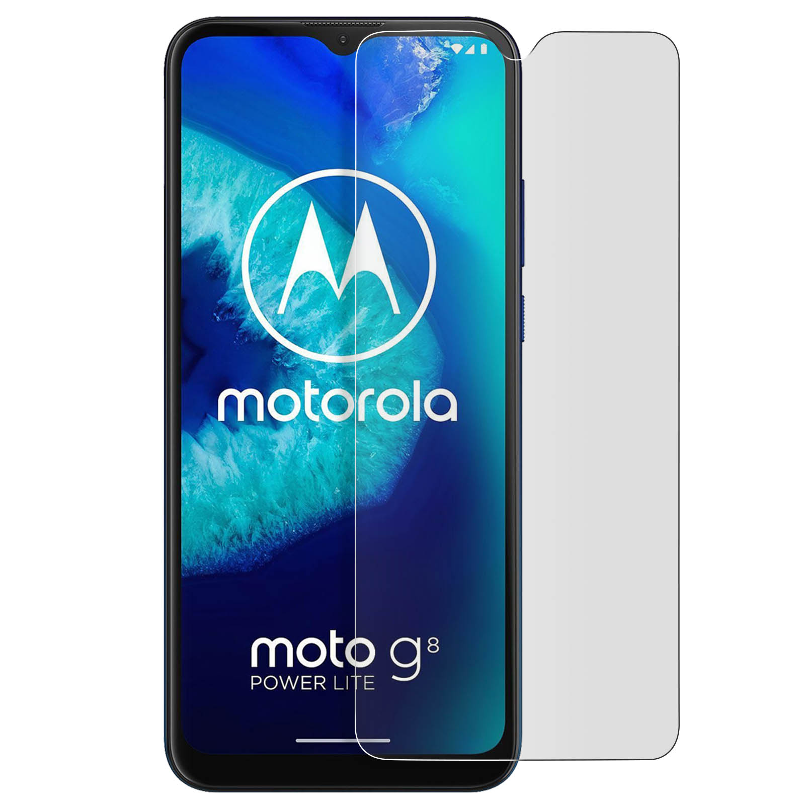Smartphone Motorola Moto G8 Power Lite con protezione schermo. Il telefono è blu con una protezione schermo applicata. Il logo Motorola è visibile.