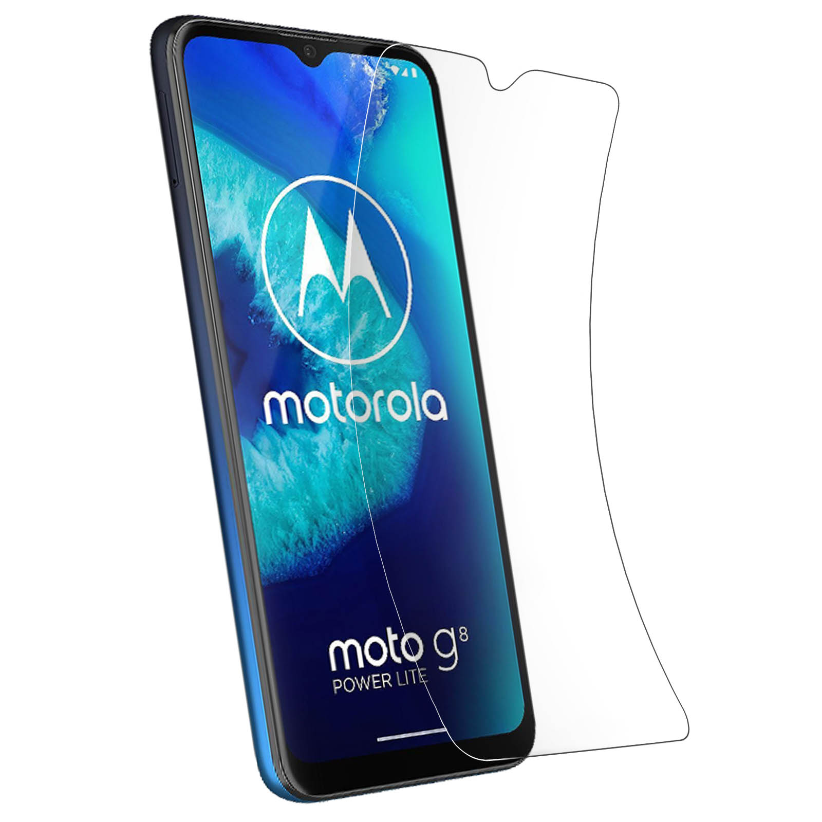 Telefono Motorola Moto G8 Power Lite con protezione schermo. Il telefono è blu, la protezione trasparente.