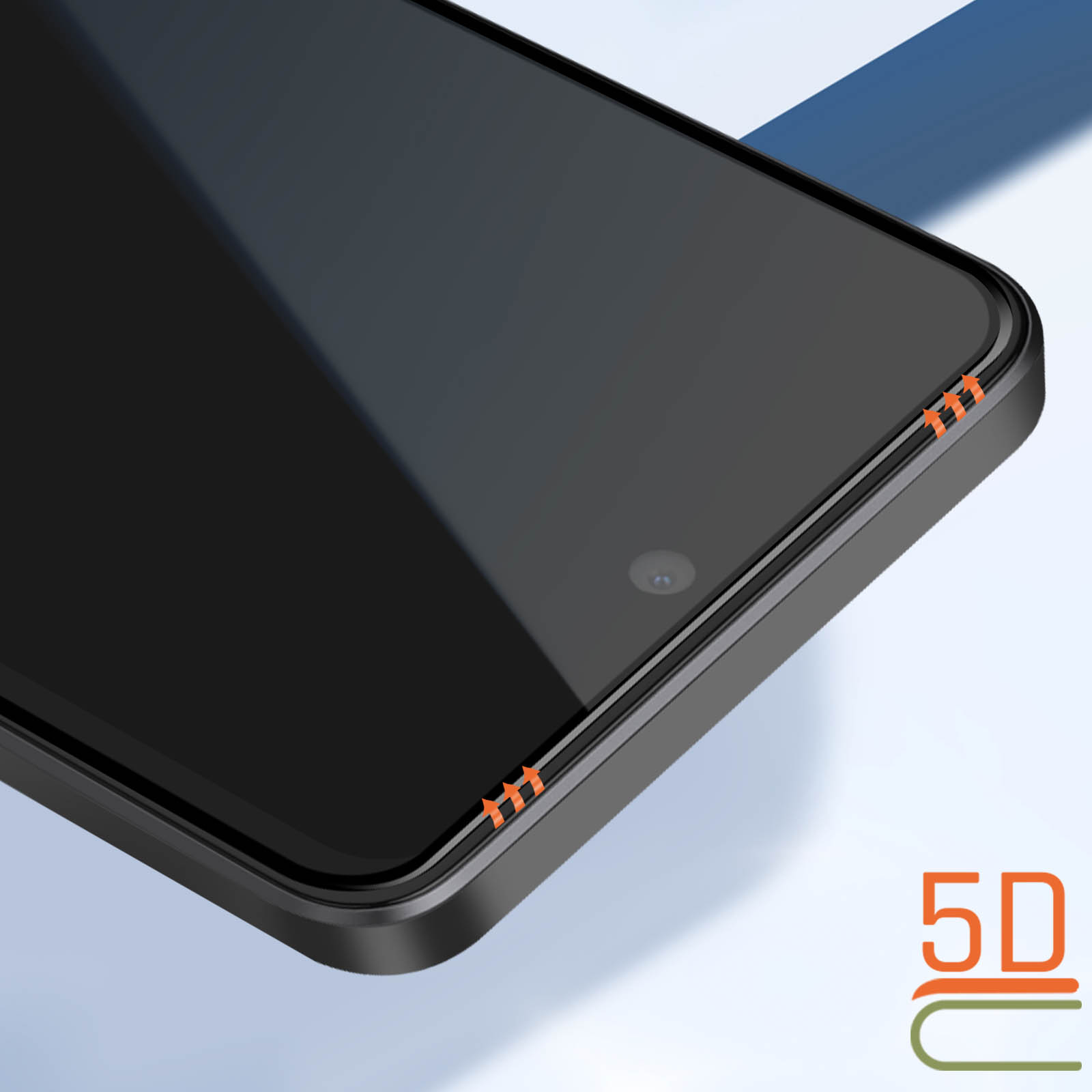 Primo piano di uno smartphone nero. Frecce arancioni indicano le funzionalità. Il testo '5D' è visibile. Sfondo blu chiaro e bianco.