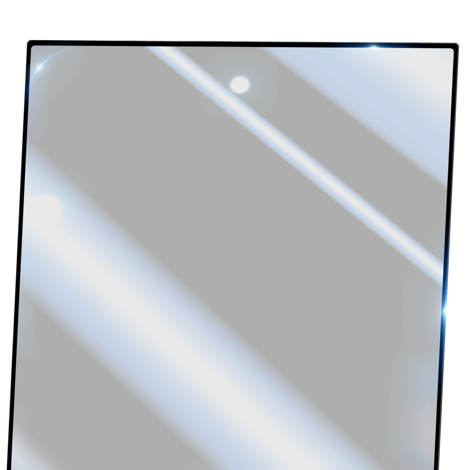 Surface rectangulaire réfléchissante avec bord noir. Une source de lumière se reflète. Un point blanc est présent.