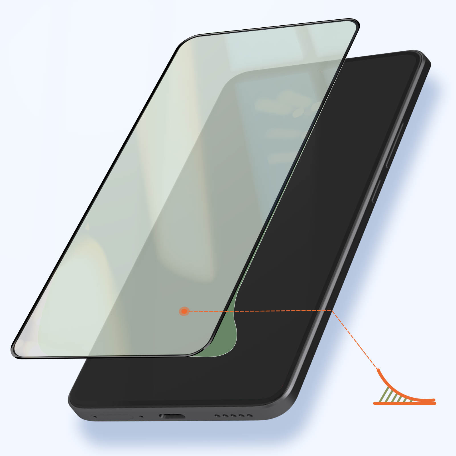 Uno smartphone nero con protezione schermo. La protezione è leggermente sollevata. Una linea arancione indica un grafico.