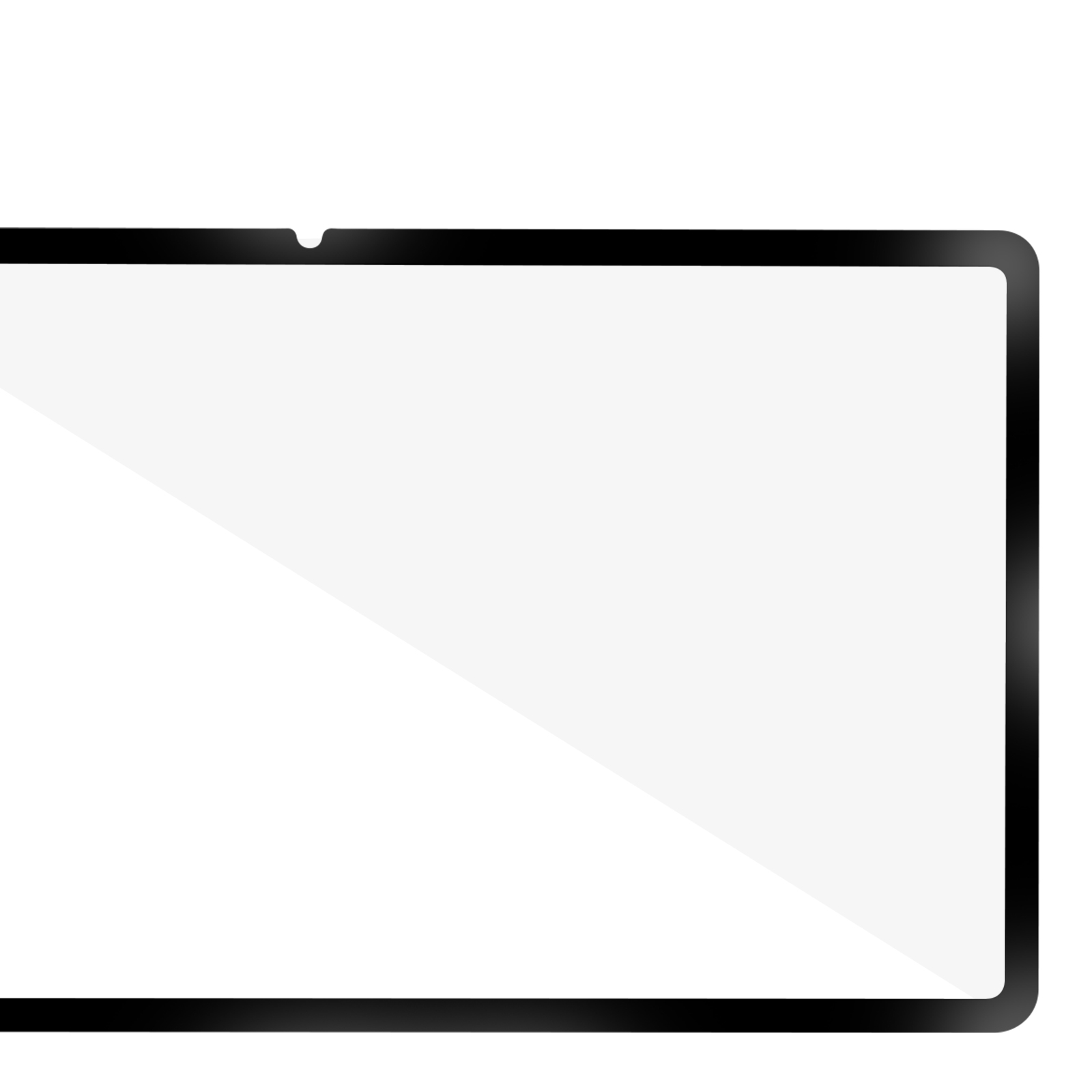 Una pantalla rectangular con borde negro. La pantalla es blanca, con una sombra diagonal. Hay una pequeña muesca en el borde superior.