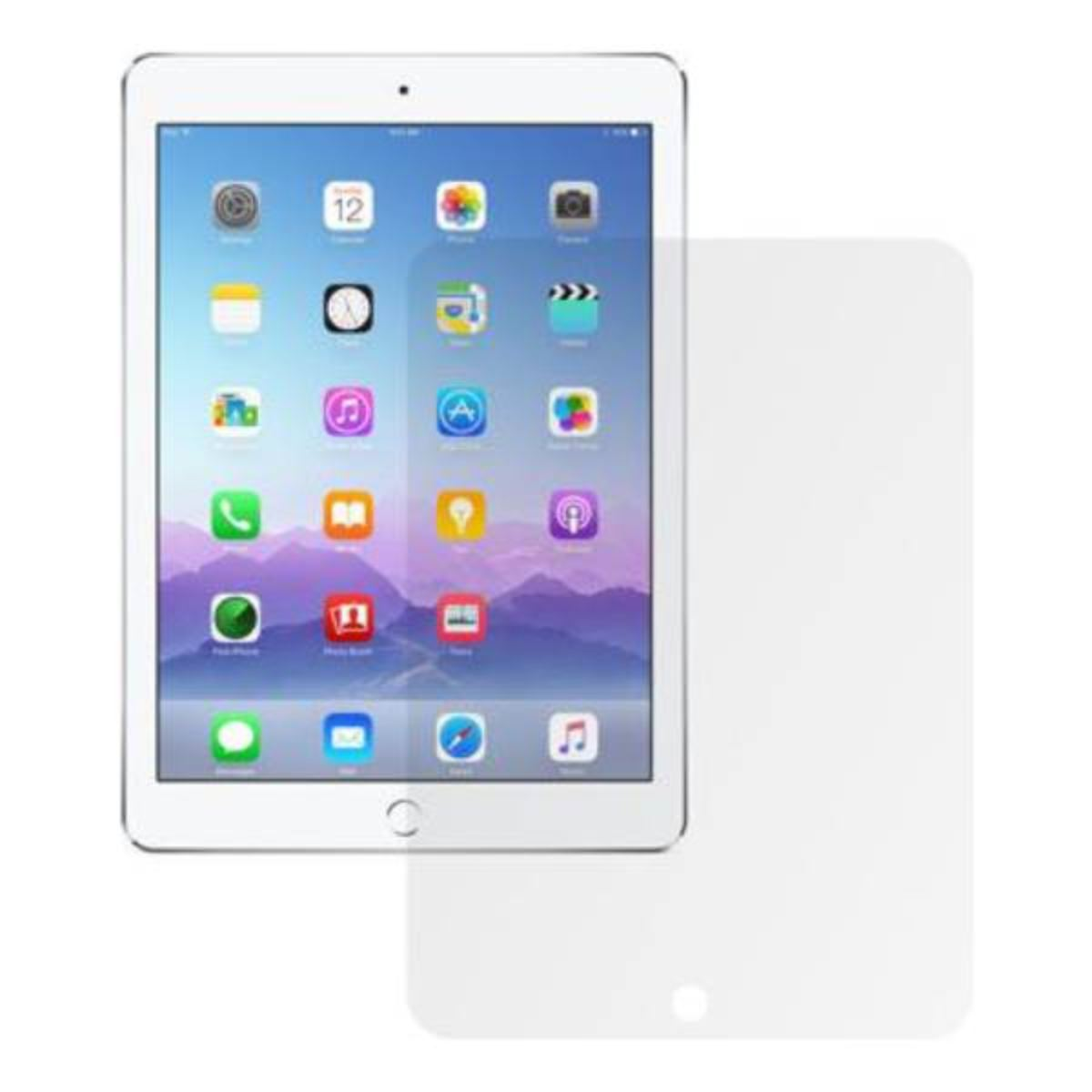 Un iPad con protezione schermo. L'iPad mostra icone di app. Una protezione schermo bianca è accanto all'iPad.