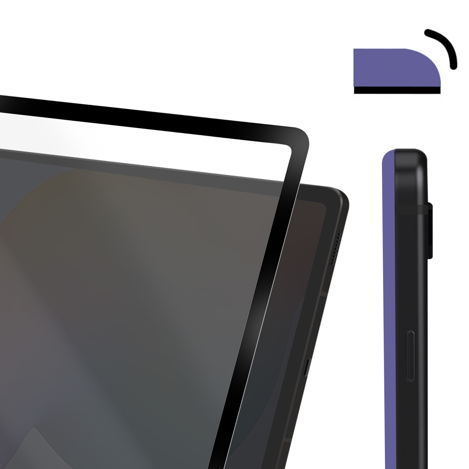 Una tableta con protector de pantalla. Vista lateral con acento morado. Fondo blanco.