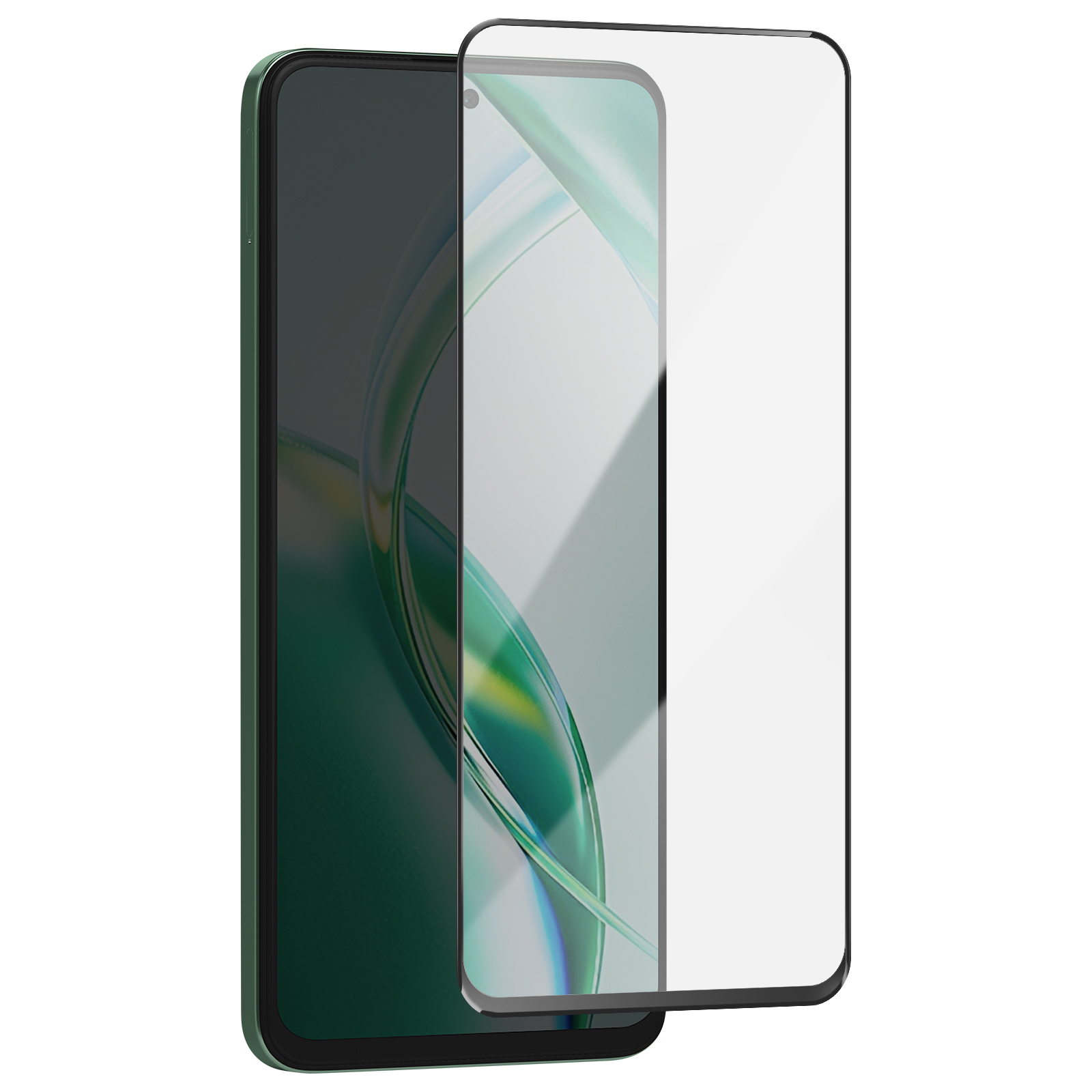 Un telefono con una protezione per lo schermo. Il telefono è verde e nero. La protezione è trasparente.