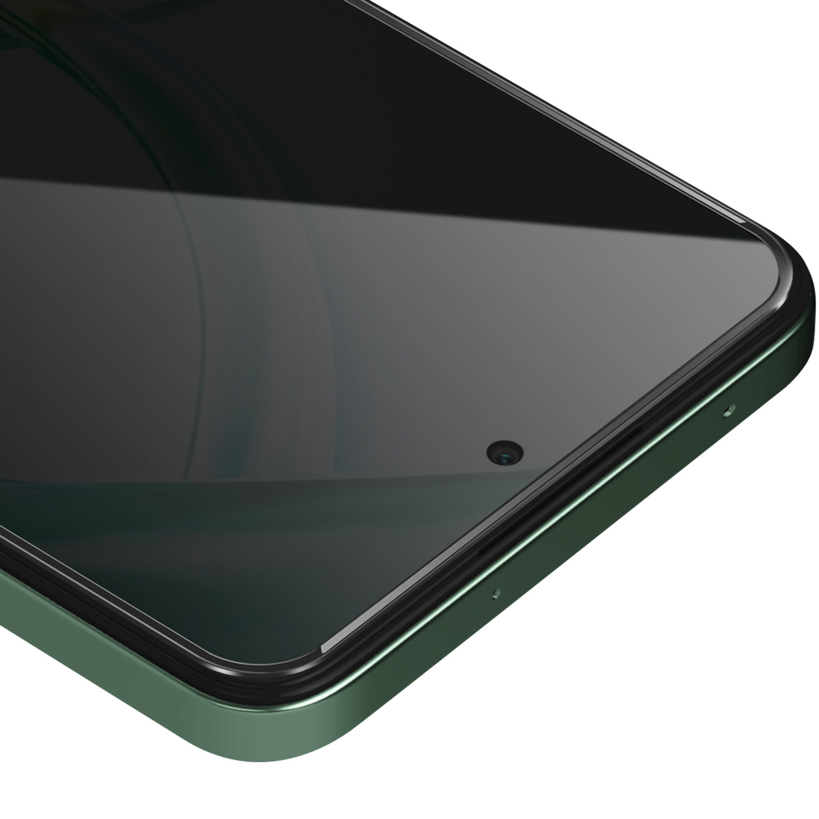 Primo piano di uno smartphone verde. Lo schermo è nero e riflettente. Una fotocamera è visibile in alto. Sfondo bianco.